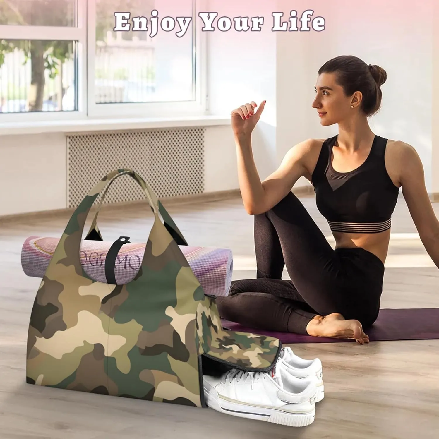Gym Bag for Women Brown Green Camo Duffel Bag with Shoe Compartment and Yoga Mat Holder Portable Weekender Bags Travel Tote Bags