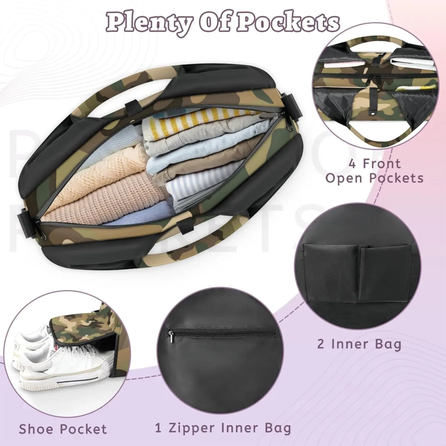 Gym Bag for Women Brown Green Camo Duffel Bag with Shoe Compartment and Yoga Mat Holder Portable Weekender Bags Travel Tote Bags