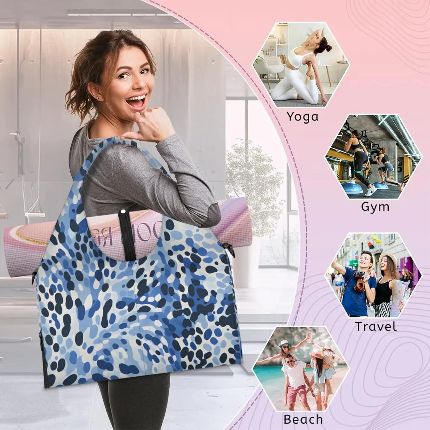 Gym Bag for Women Camouflage Spots Duffel Bag with Shoe Compartment and Yoga Mat Holder Portable Weekender Bags Travel Tote Bags