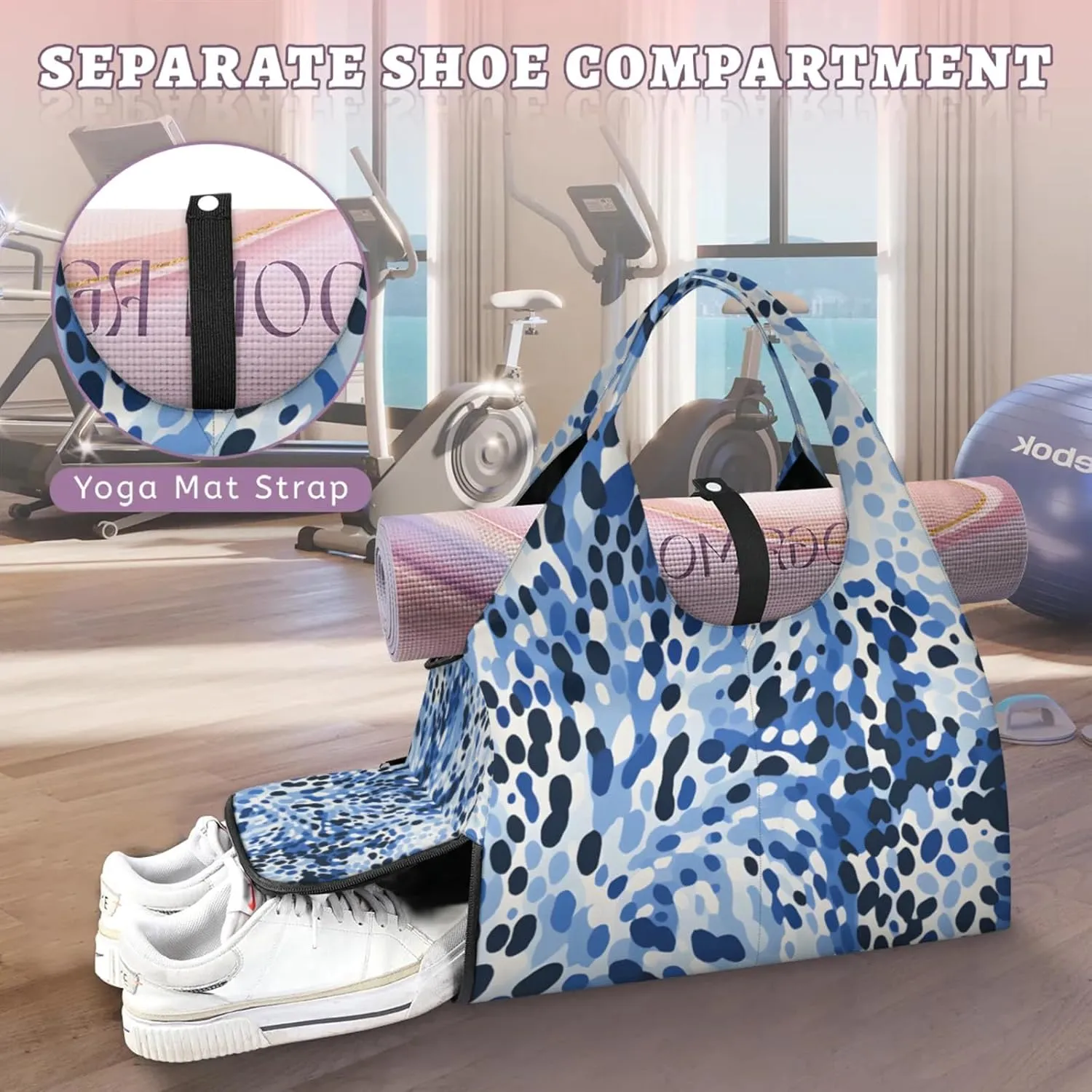 Gym Bag for Women Camouflage Spots Duffel Bag with Shoe Compartment and Yoga Mat Holder Portable Weekender Bags Travel Tote Bags