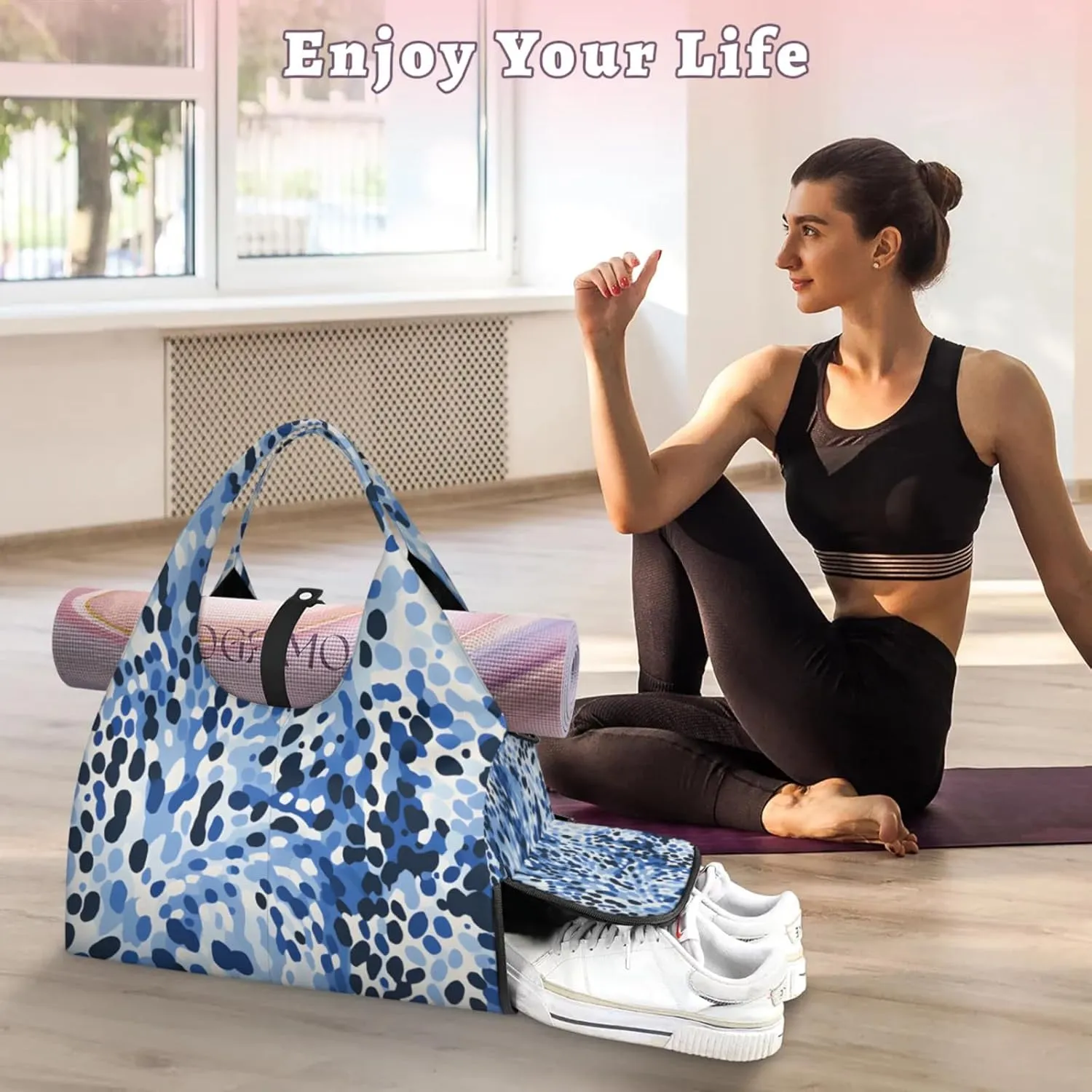 Gym Bag for Women Camouflage Spots Duffel Bag with Shoe Compartment and Yoga Mat Holder Portable Weekender Bags Travel Tote Bags