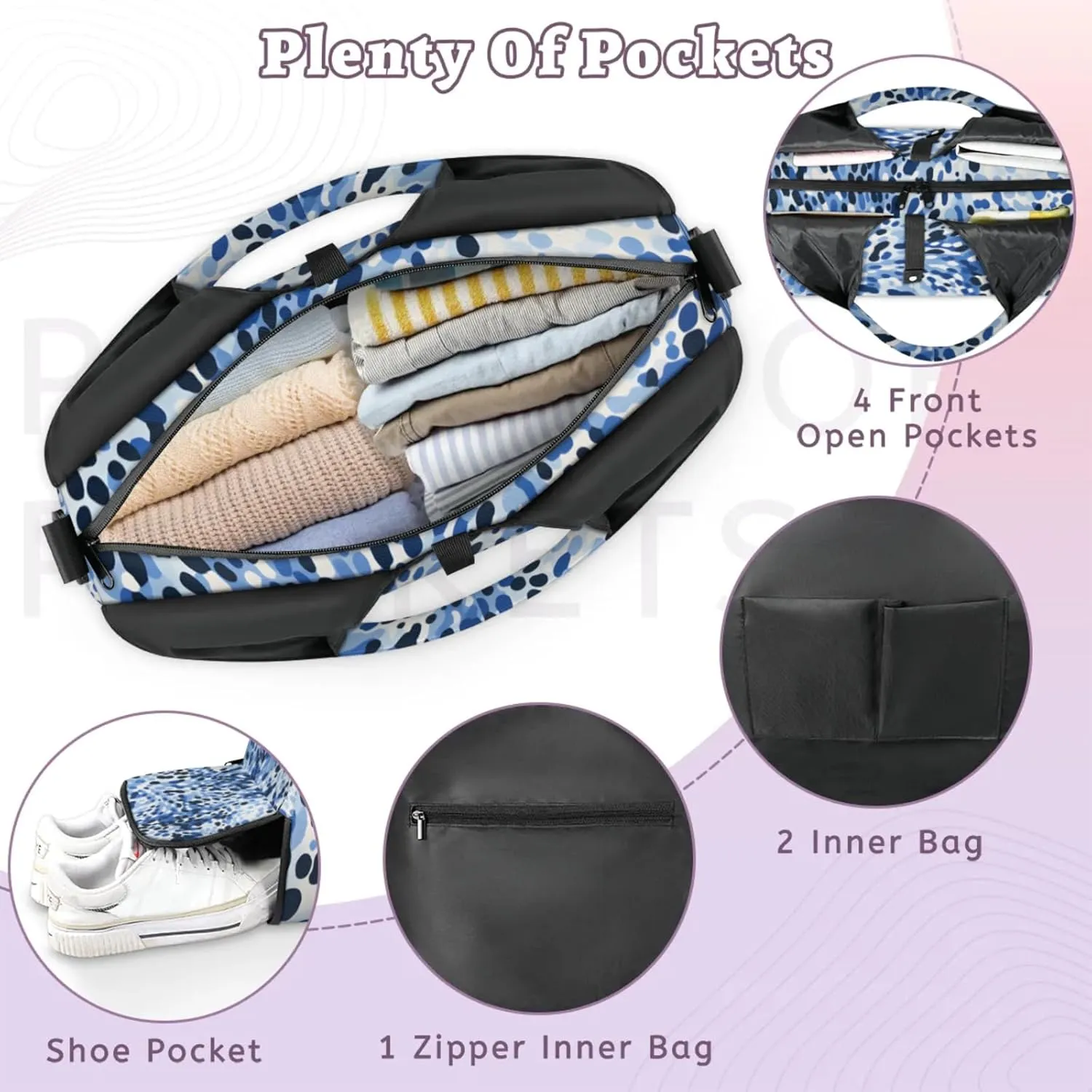 Gym Bag for Women Camouflage Spots Duffel Bag with Shoe Compartment and Yoga Mat Holder Portable Weekender Bags Travel Tote Bags
