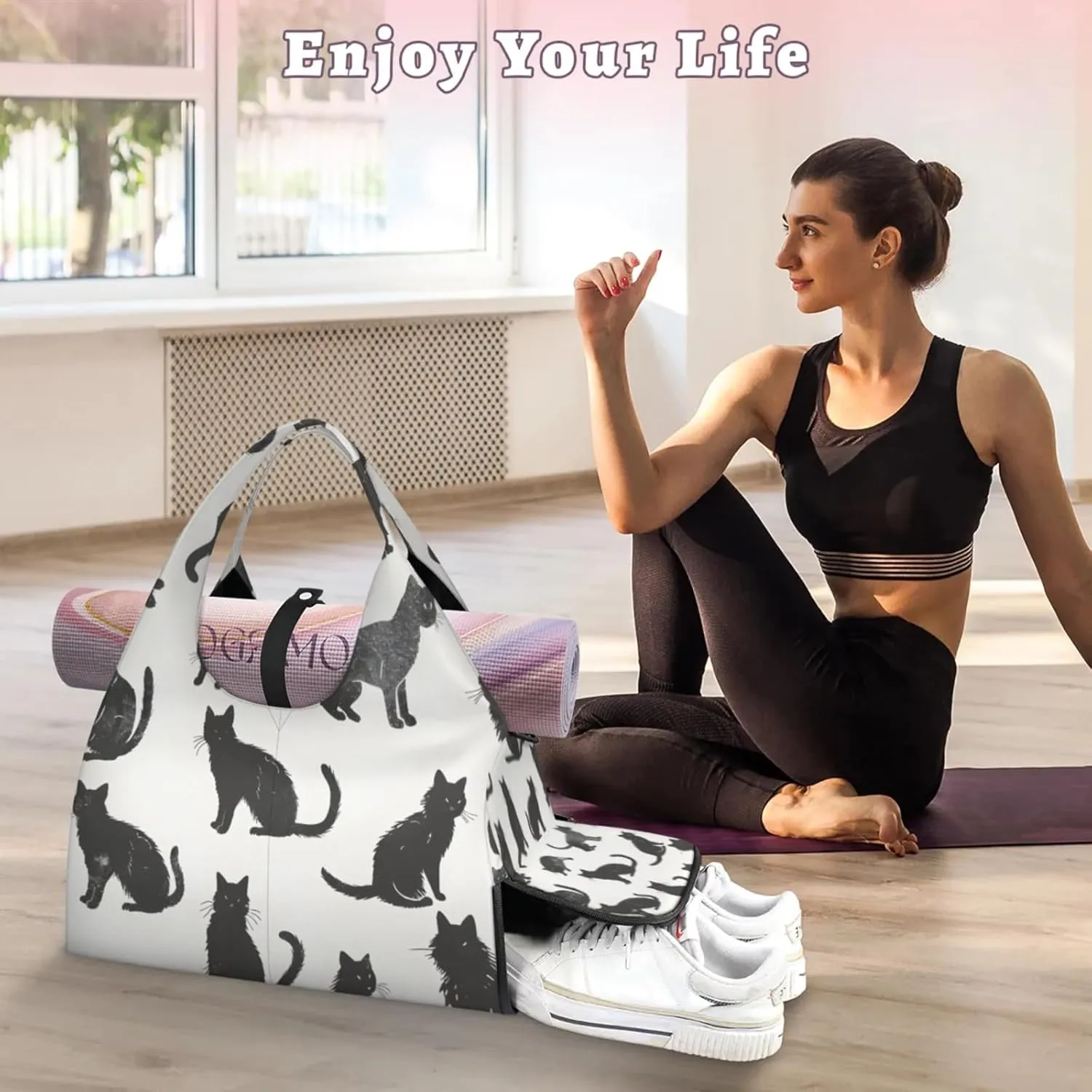 Gym Bag for Women Cats Printed Duffel Bag with Shoe Compartment and Yoga Mat Holder Portable Weekender Bags Travel Tote Bags