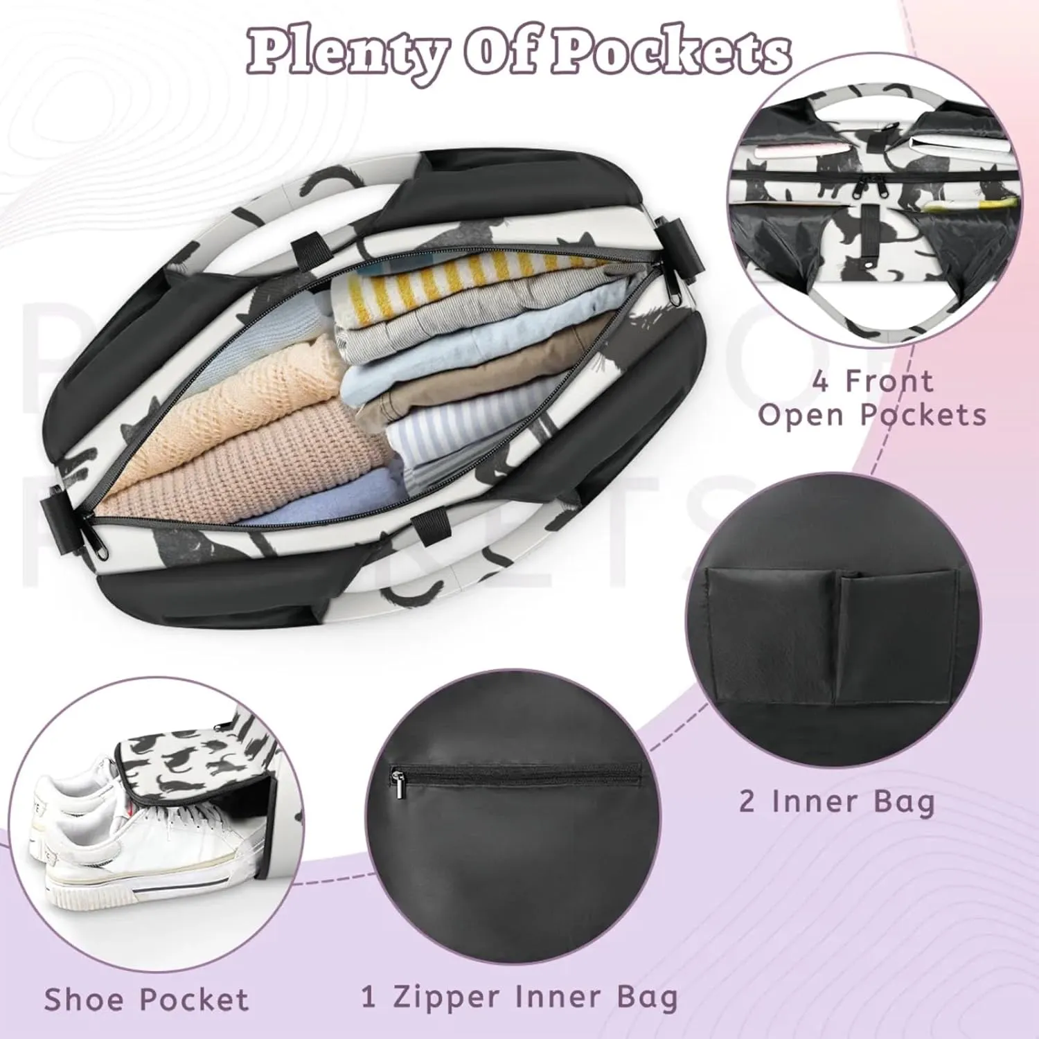 Gym Bag for Women Cats Printed Duffel Bag with Shoe Compartment and Yoga Mat Holder Portable Weekender Bags Travel Tote Bags