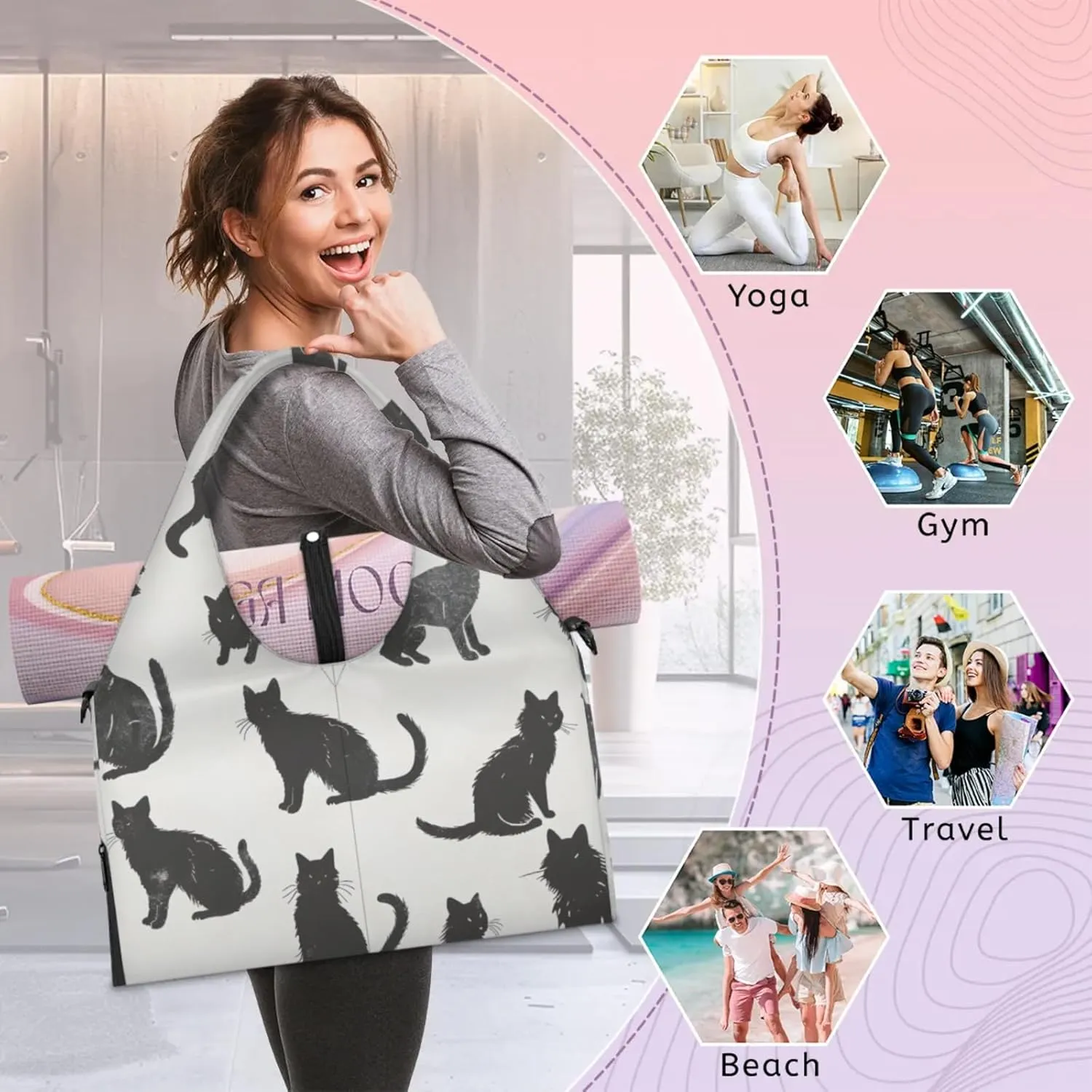 Gym Bag for Women Cats Printed Duffel Bag with Shoe Compartment and Yoga Mat Holder Portable Weekender Bags Travel Tote Bags