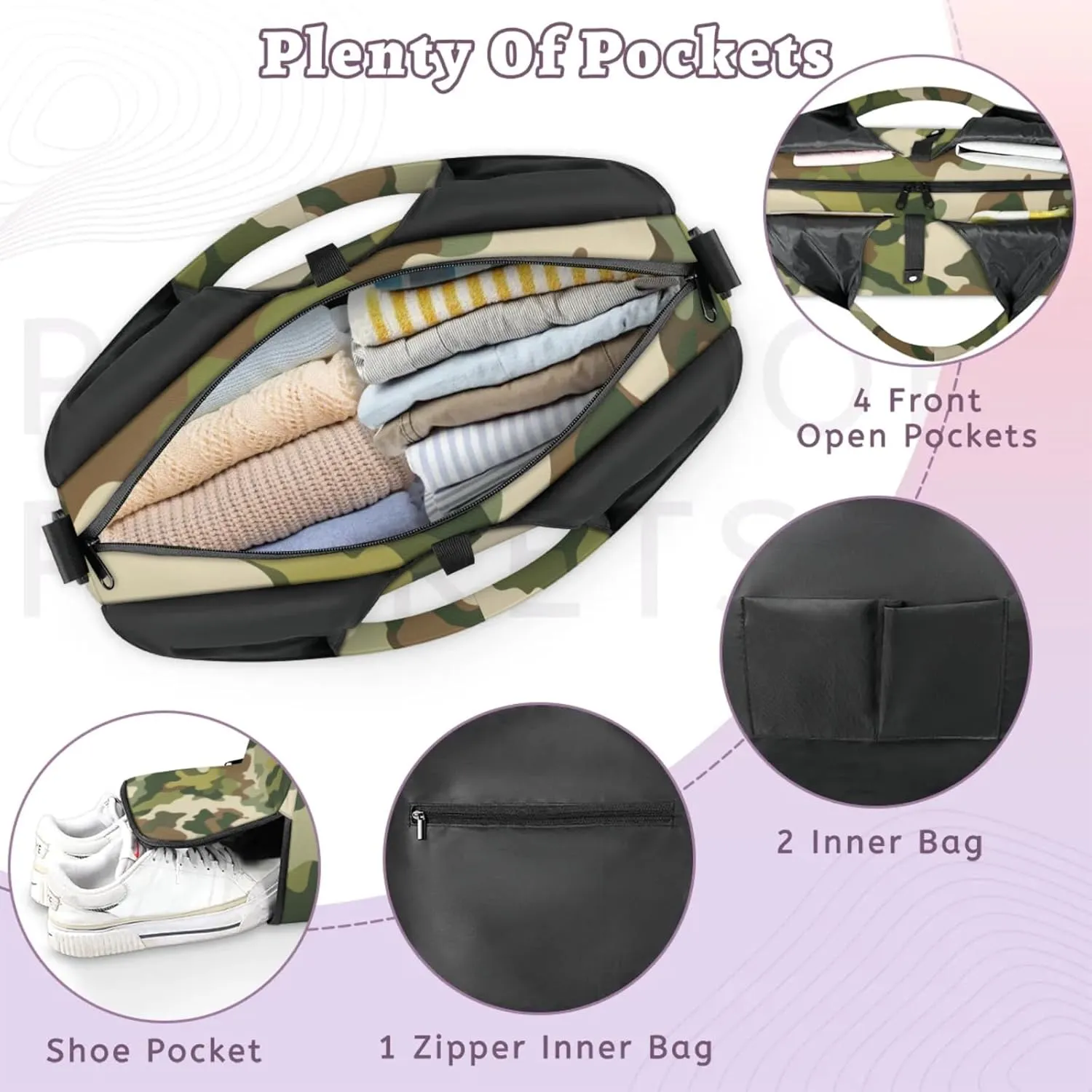Gym Bag for Women Classic Camo Color Duffel Bag with Shoe Compartment and Yoga Mat Holder Portable Weekender Bags Travel Tote Bags