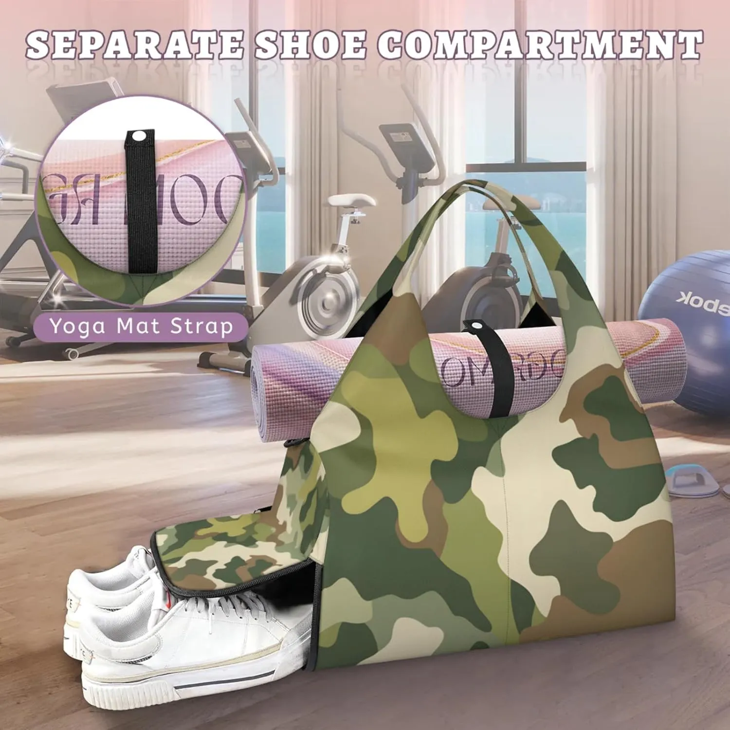 Gym Bag for Women Classic Camo Color Duffel Bag with Shoe Compartment and Yoga Mat Holder Portable Weekender Bags Travel Tote Bags