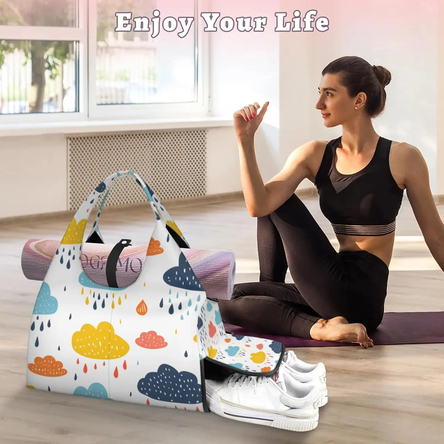 Gym Bag for Women Clouds Rain Duffel Bag with Shoe Compartment and Yoga Mat Holder Portable Weekender Bags Travel Tote Bags