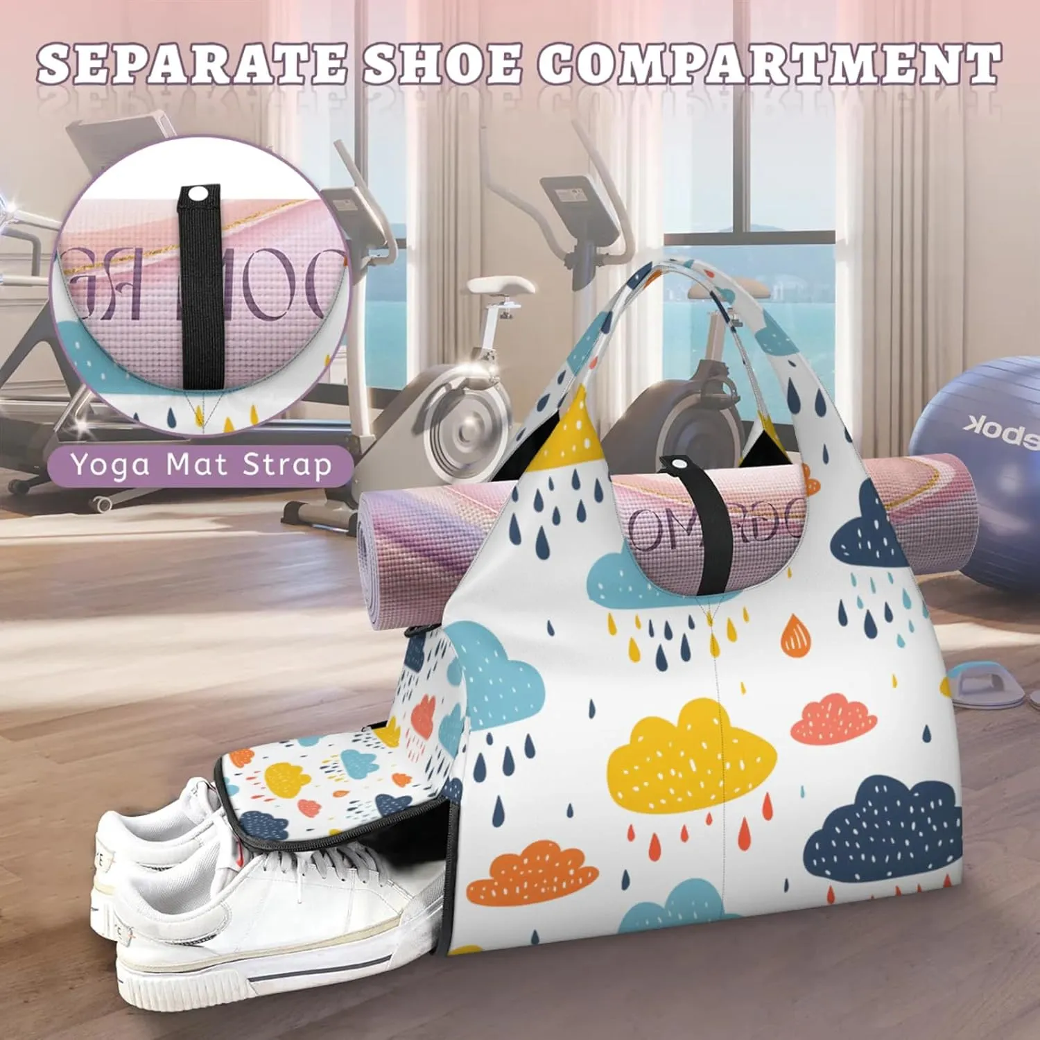 Gym Bag for Women Clouds Rain Duffel Bag with Shoe Compartment and Yoga Mat Holder Portable Weekender Bags Travel Tote Bags