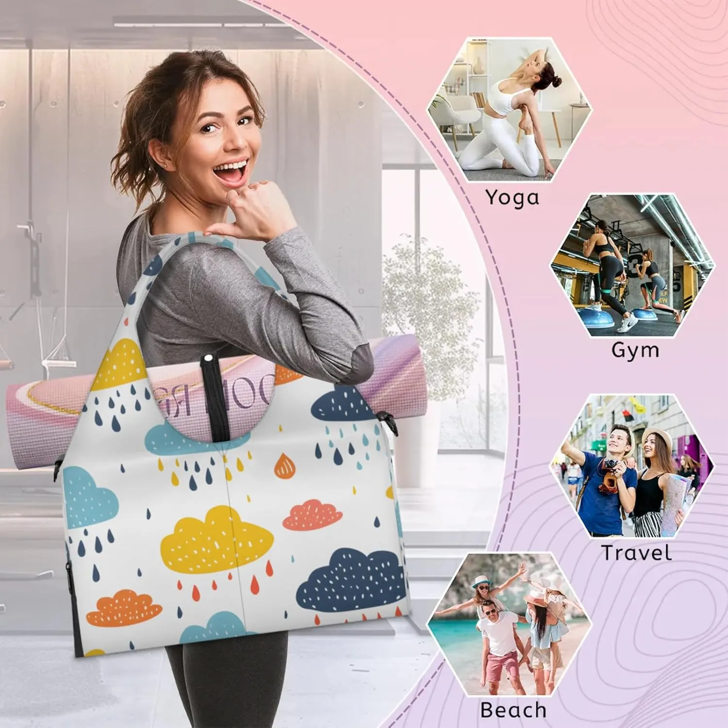 Gym Bag for Women Clouds Rain Duffel Bag with Shoe Compartment and Yoga Mat Holder Portable Weekender Bags Travel Tote Bags