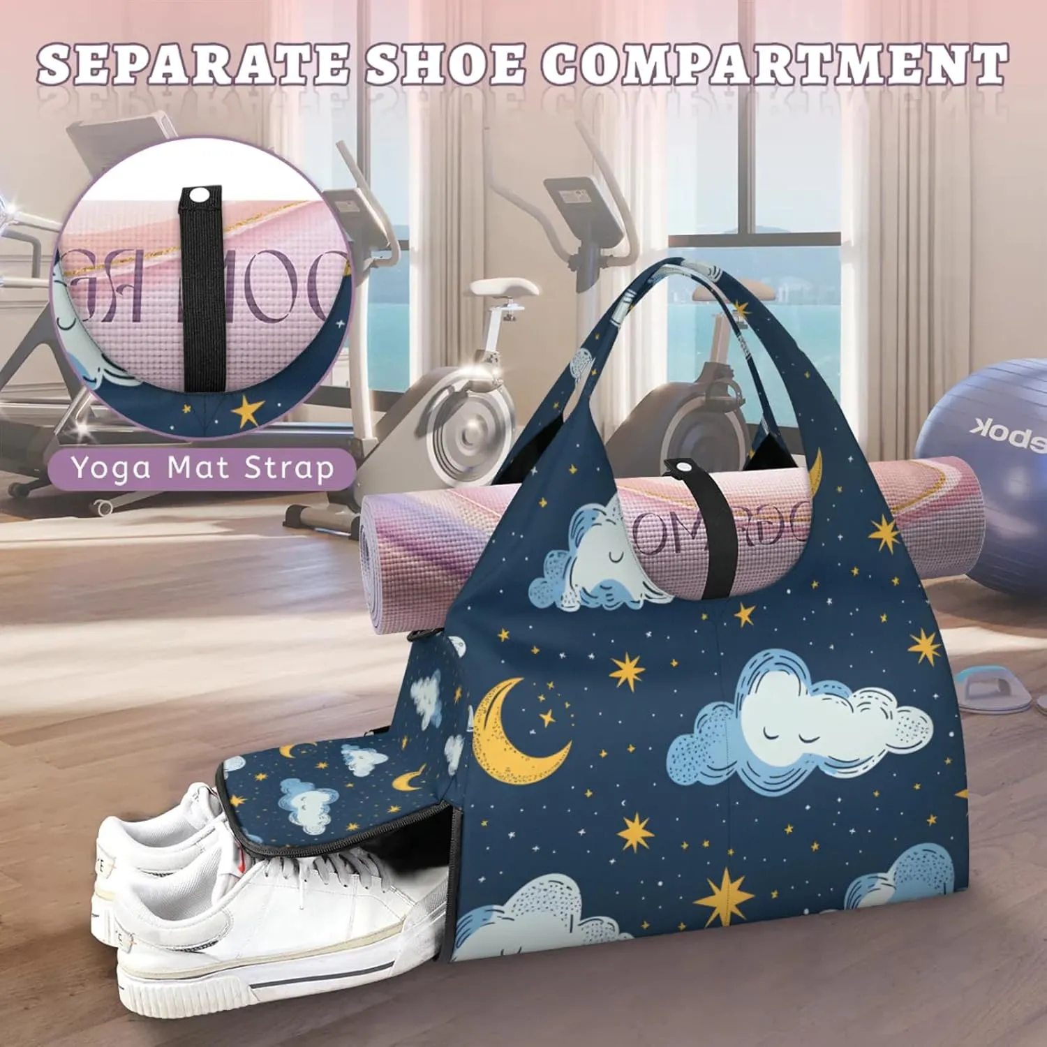 Gym Bag for Women Clouds Stars Moon Duffel Bag with Shoe Compartment and Yoga Mat Holder Portable Weekender Bags Travel Tote Bags