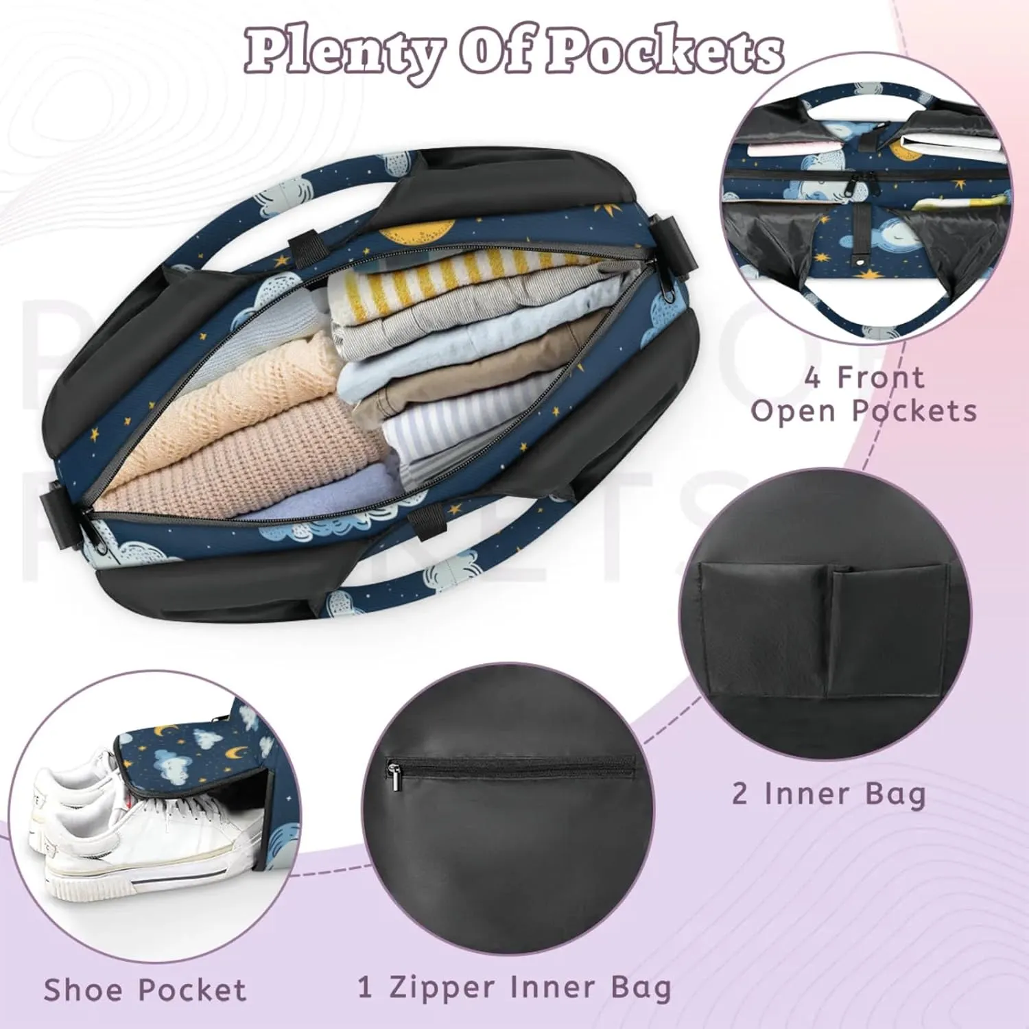 Gym Bag for Women Clouds Stars Moon Duffel Bag with Shoe Compartment and Yoga Mat Holder Portable Weekender Bags Travel Tote Bags