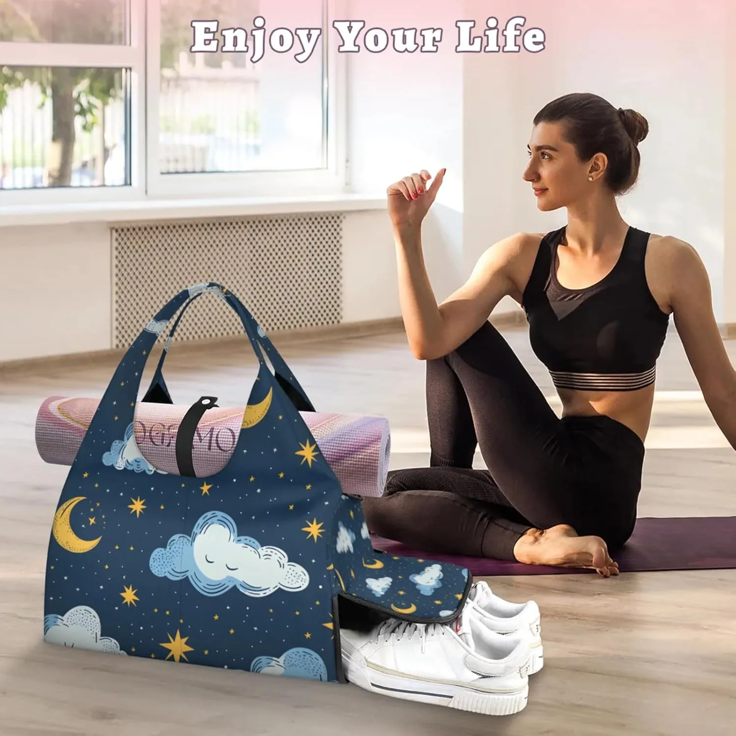 Gym Bag for Women Clouds Stars Moon Duffel Bag with Shoe Compartment and Yoga Mat Holder Portable Weekender Bags Travel Tote Bags