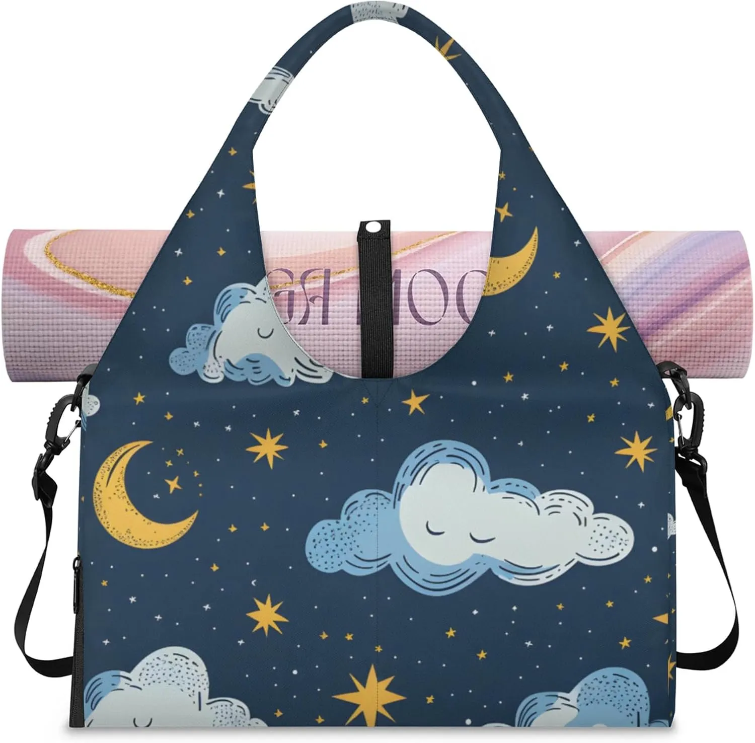 Gym Bag for Women Clouds Stars Moon Duffel Bag with Shoe Compartment and Yoga Mat Holder Portable Weekender Bags Travel Tote Bags