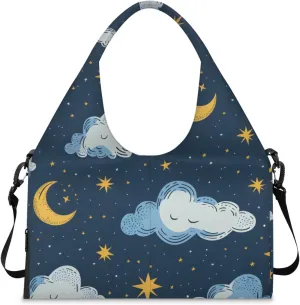 Gym Bag for Women Clouds Stars Moon Duffel Bag with Shoe Compartment and Yoga Mat Holder Portable Weekender Bags Travel Tote Bags