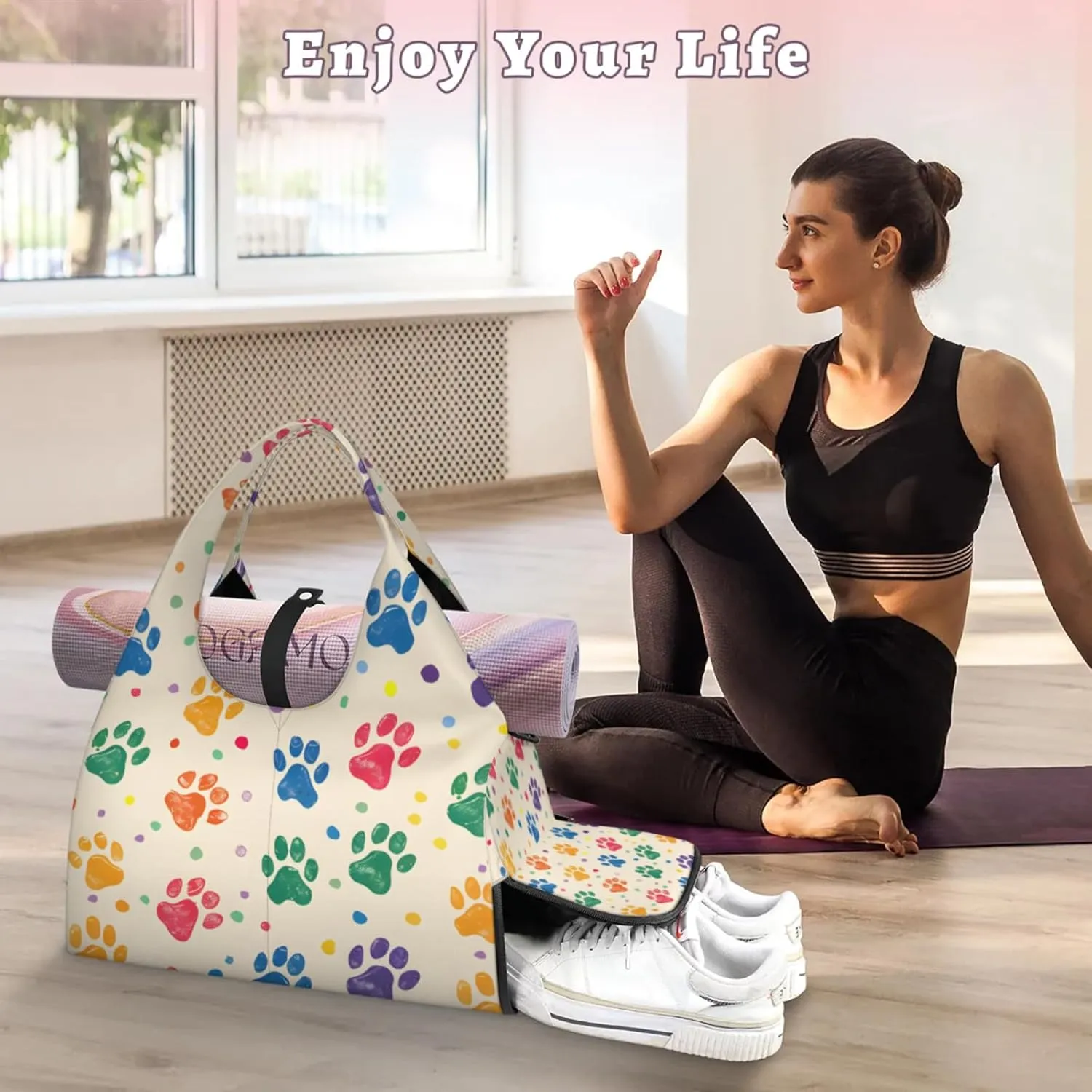 Gym Bag for Women Colorful Dog Paw Prints Duffel Bag with Shoe Compartment and Yoga Mat Holder Portable Weekender Bags Travel Tote Bags