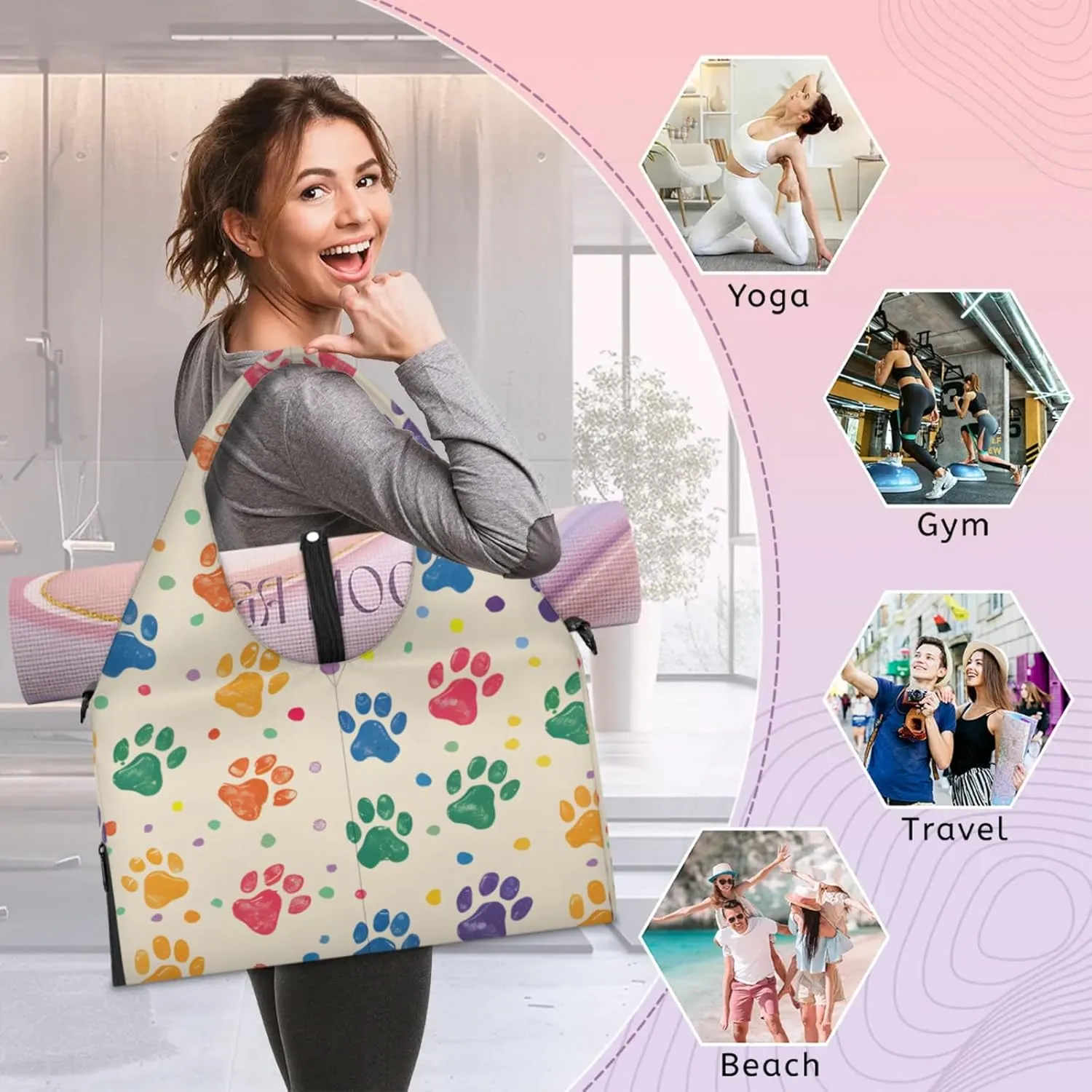 Gym Bag for Women Colorful Dog Paw Prints Duffel Bag with Shoe Compartment and Yoga Mat Holder Portable Weekender Bags Travel Tote Bags