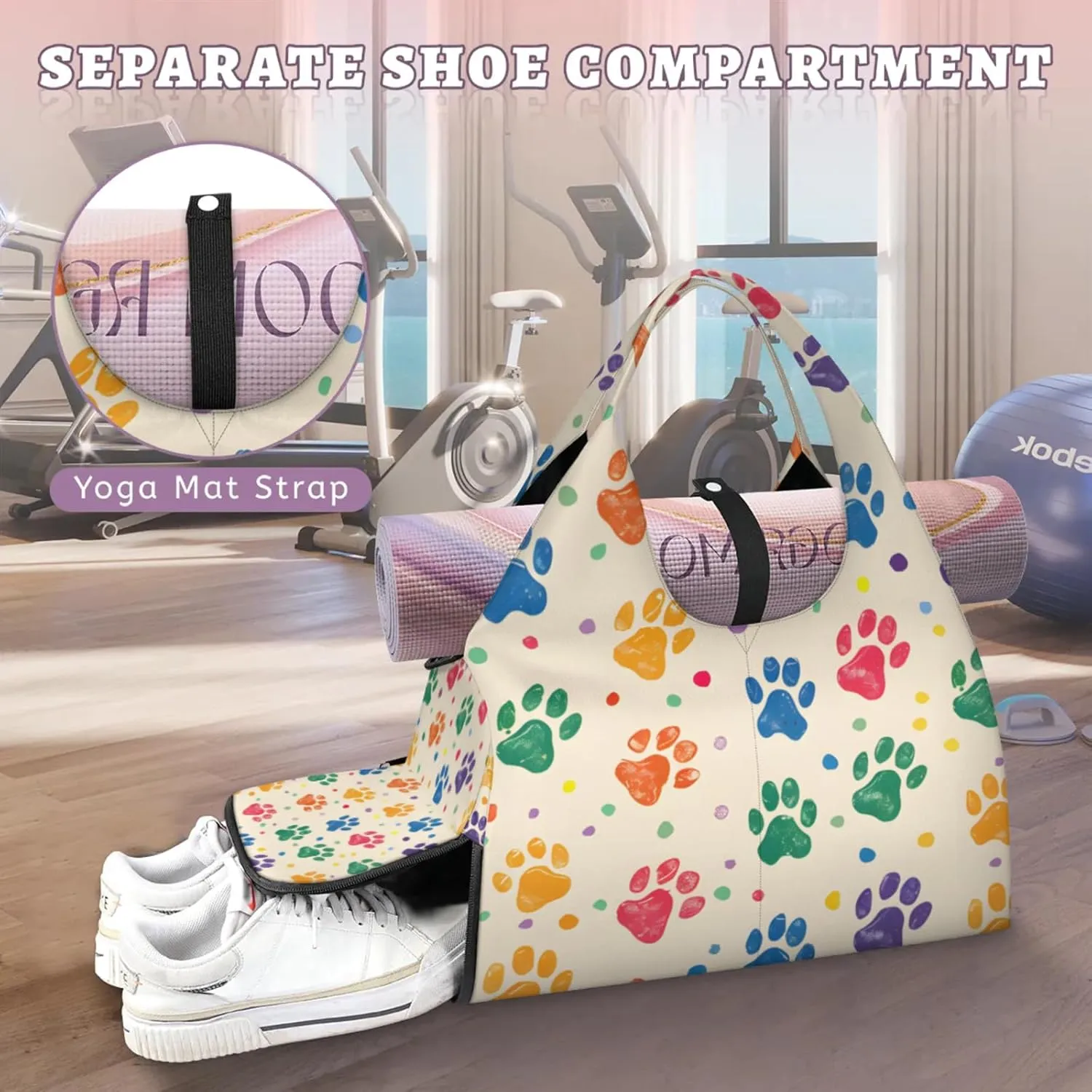 Gym Bag for Women Colorful Dog Paw Prints Duffel Bag with Shoe Compartment and Yoga Mat Holder Portable Weekender Bags Travel Tote Bags