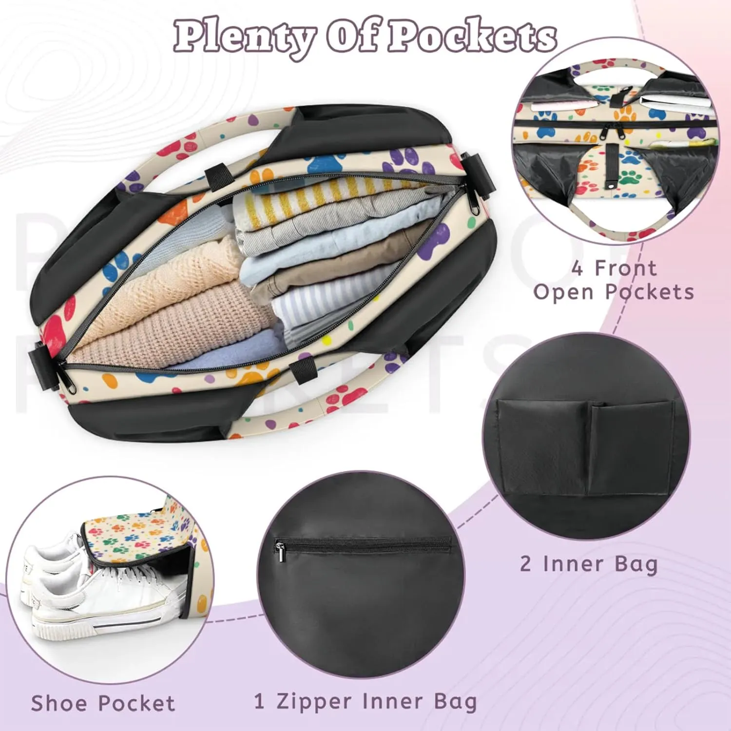 Gym Bag for Women Colorful Dog Paw Prints Duffel Bag with Shoe Compartment and Yoga Mat Holder Portable Weekender Bags Travel Tote Bags