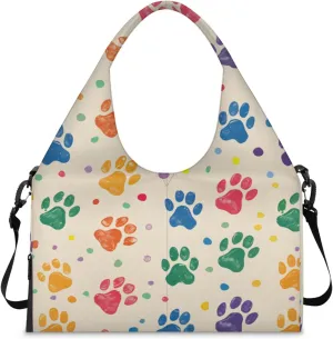 Gym Bag for Women Colorful Dog Paw Prints Duffel Bag with Shoe Compartment and Yoga Mat Holder Portable Weekender Bags Travel Tote Bags