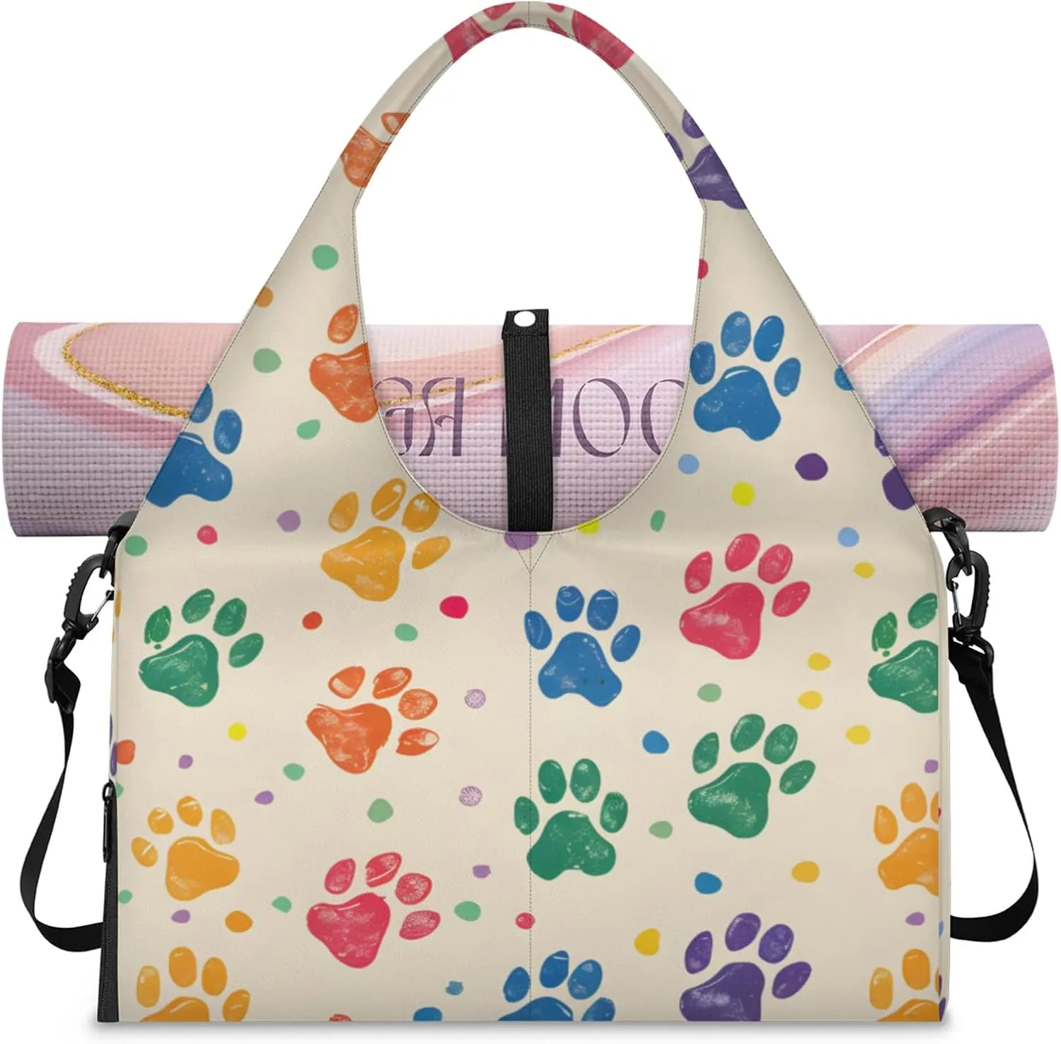 Gym Bag for Women Colorful Dog Paw Prints Duffel Bag with Shoe Compartment and Yoga Mat Holder Portable Weekender Bags Travel Tote Bags