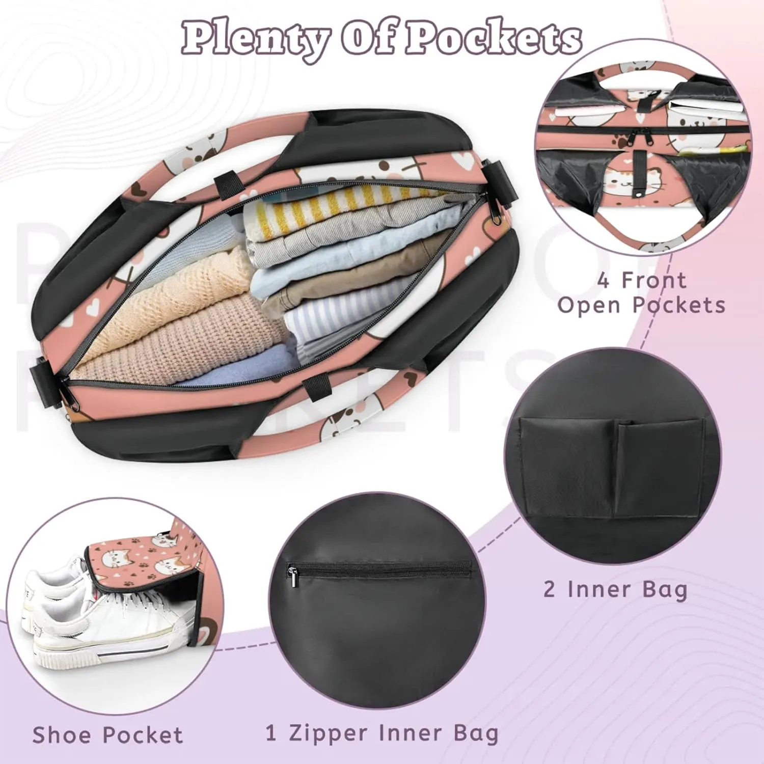 Gym Bag for Women Cute Cats Heart Duffel Bag with Shoe Compartment and Yoga Mat Holder Portable Weekender Bags Travel Tote Bags