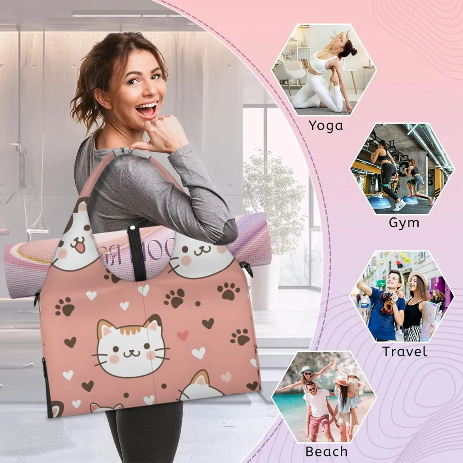 Gym Bag for Women Cute Cats Heart Duffel Bag with Shoe Compartment and Yoga Mat Holder Portable Weekender Bags Travel Tote Bags