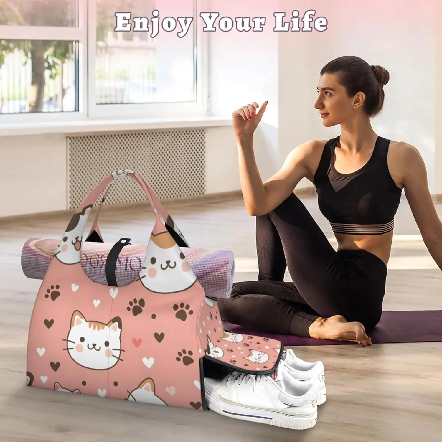 Gym Bag for Women Cute Cats Heart Duffel Bag with Shoe Compartment and Yoga Mat Holder Portable Weekender Bags Travel Tote Bags