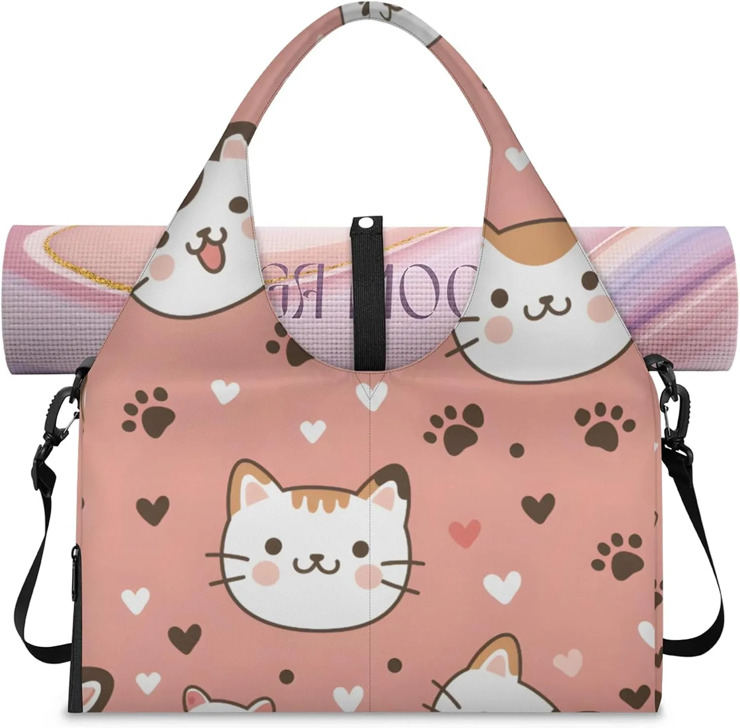 Gym Bag for Women Cute Cats Heart Duffel Bag with Shoe Compartment and Yoga Mat Holder Portable Weekender Bags Travel Tote Bags