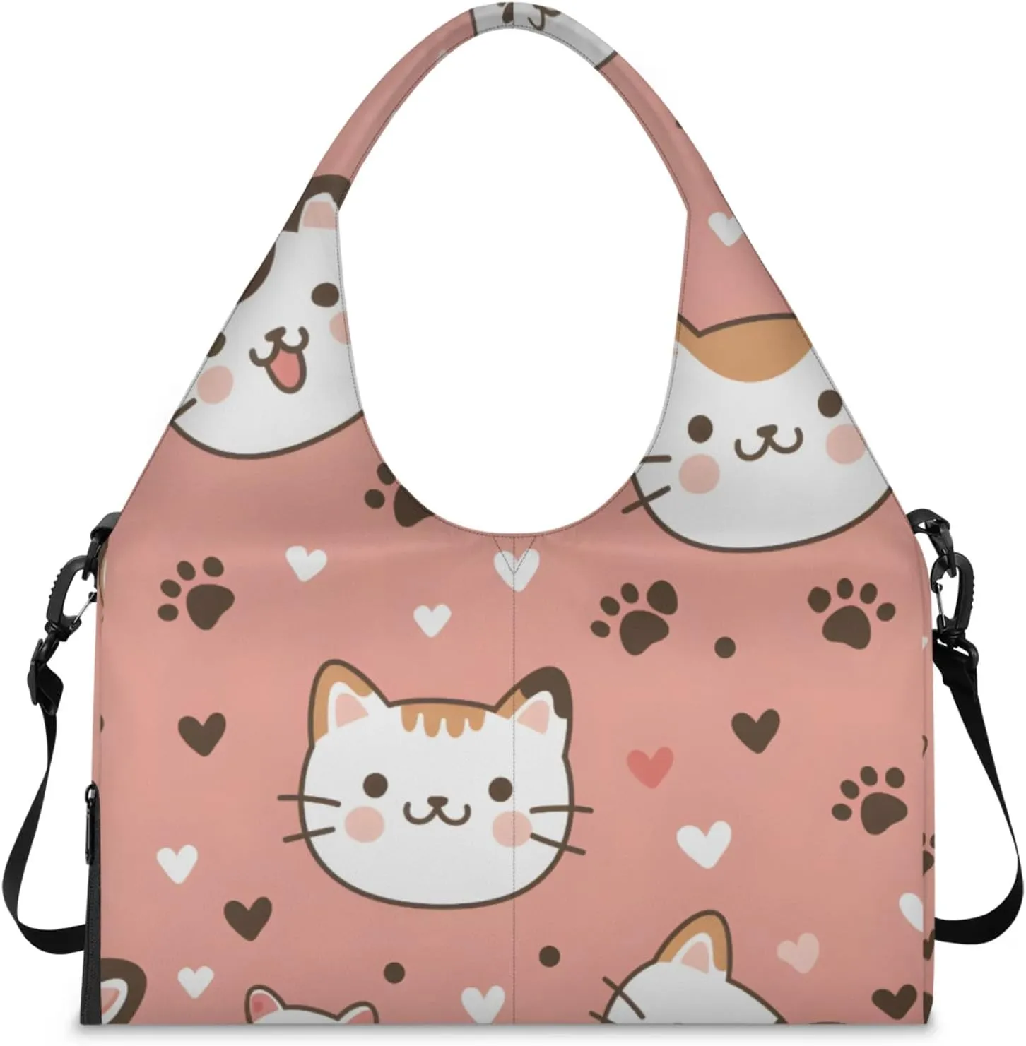 Gym Bag for Women Cute Cats Heart Duffel Bag with Shoe Compartment and Yoga Mat Holder Portable Weekender Bags Travel Tote Bags