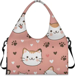 Gym Bag for Women Cute Cats Heart Duffel Bag with Shoe Compartment and Yoga Mat Holder Portable Weekender Bags Travel Tote Bags
