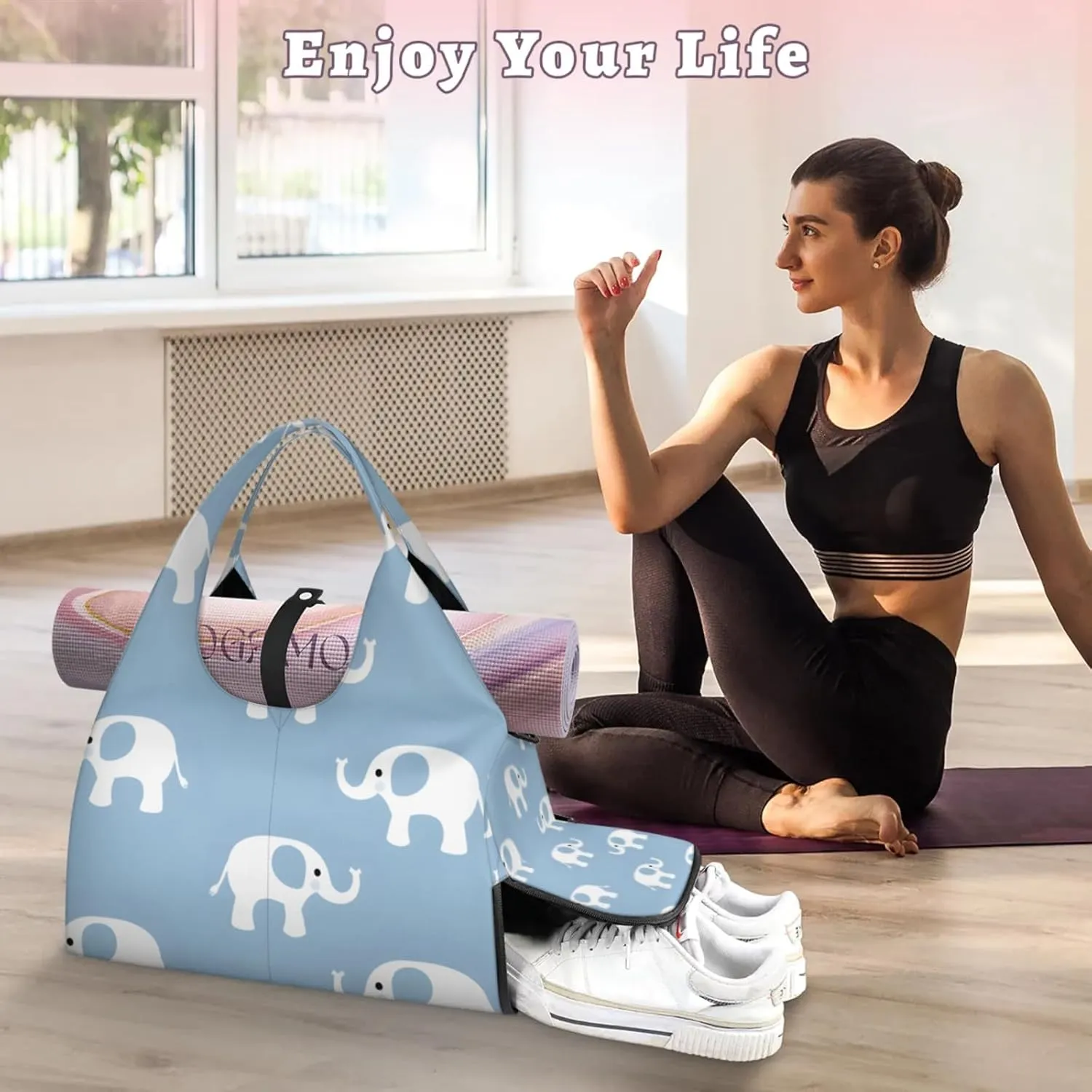 Gym Bag for Women Cute Elephants Duffel Bag with Shoe Compartment and Yoga Mat Holder Portable Weekender Bags Travel Tote Bags