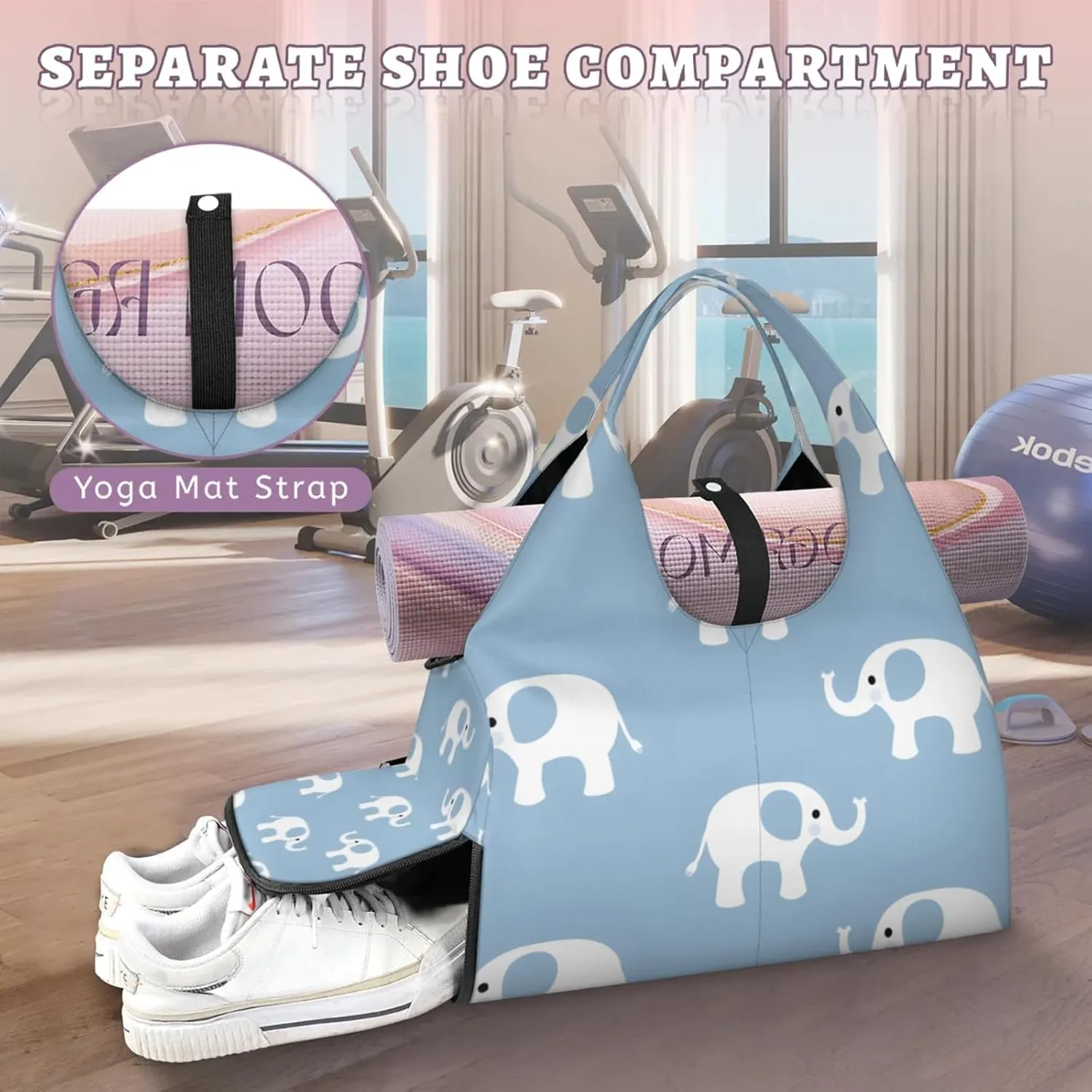 Gym Bag for Women Cute Elephants Duffel Bag with Shoe Compartment and Yoga Mat Holder Portable Weekender Bags Travel Tote Bags