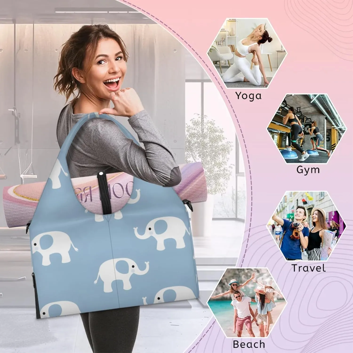 Gym Bag for Women Cute Elephants Duffel Bag with Shoe Compartment and Yoga Mat Holder Portable Weekender Bags Travel Tote Bags