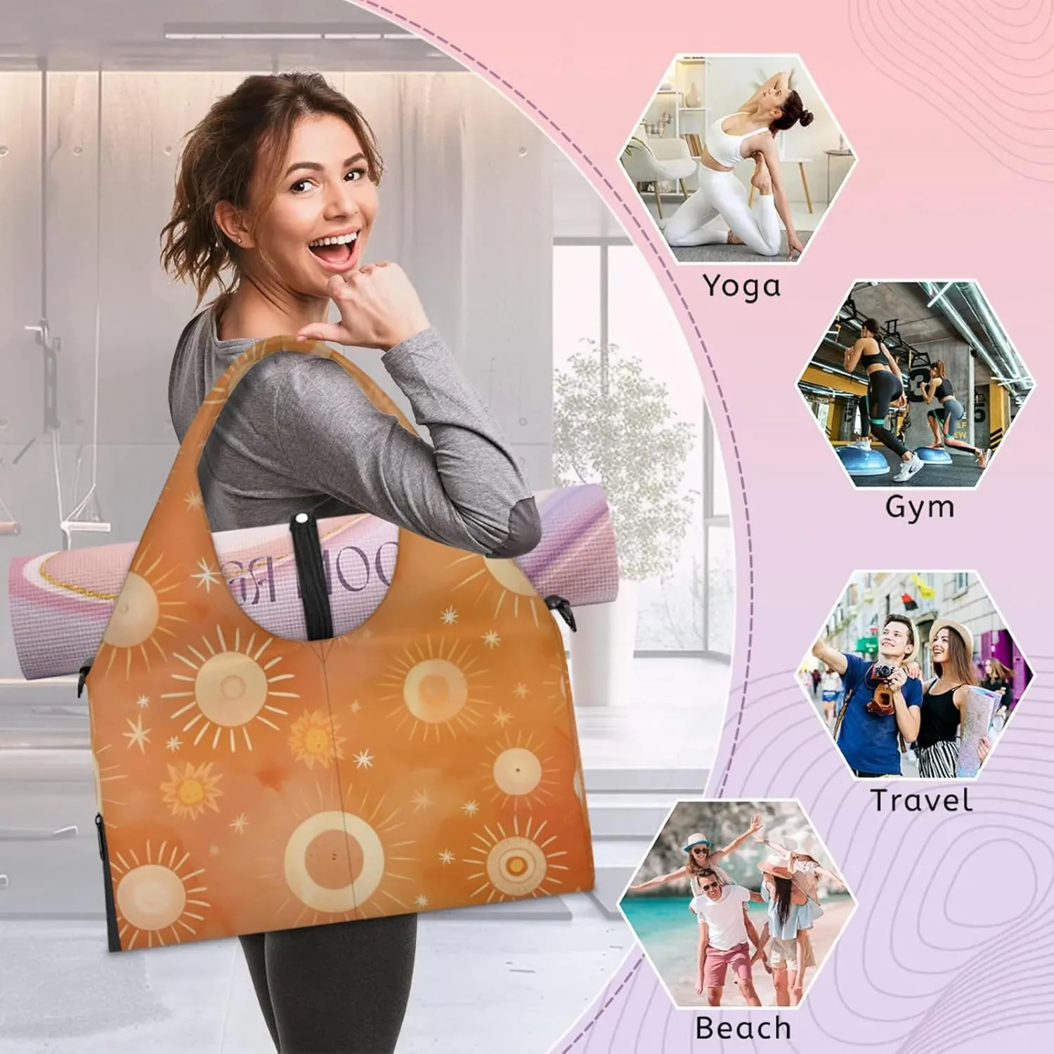 Gym Bag for Women Cute Sun Duffel Bag with Shoe Compartment and Yoga Mat Holder Portable Weekender Bags Travel Tote Bags