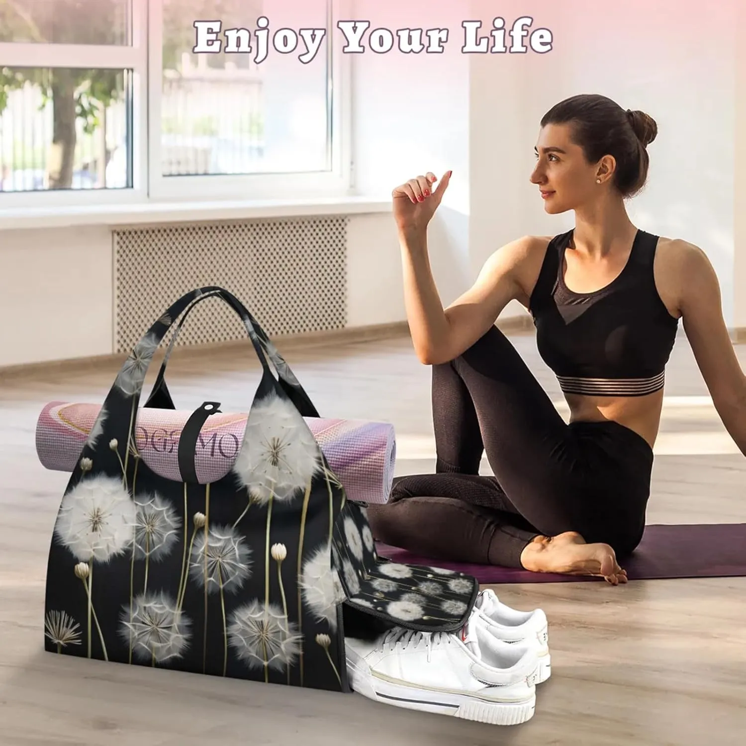Gym Bag for Women Dandelion Floral Flower Duffel Bag with Shoe Compartment and Yoga Mat Holder Portable Weekender Bags Travel Tote Bags