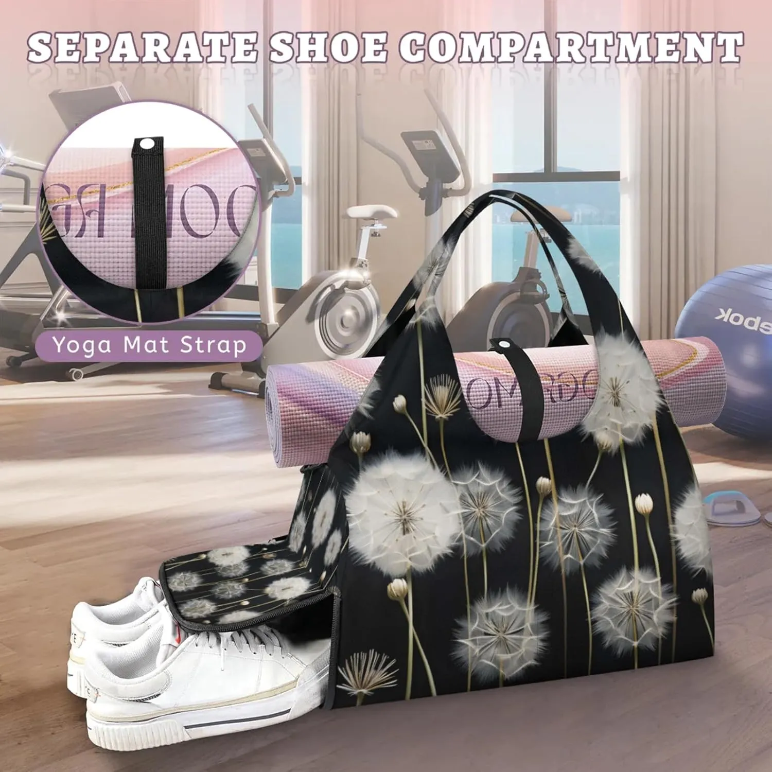 Gym Bag for Women Dandelion Floral Flower Duffel Bag with Shoe Compartment and Yoga Mat Holder Portable Weekender Bags Travel Tote Bags