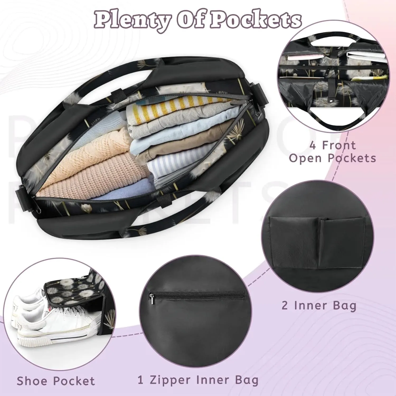 Gym Bag for Women Dandelion Floral Flower Duffel Bag with Shoe Compartment and Yoga Mat Holder Portable Weekender Bags Travel Tote Bags