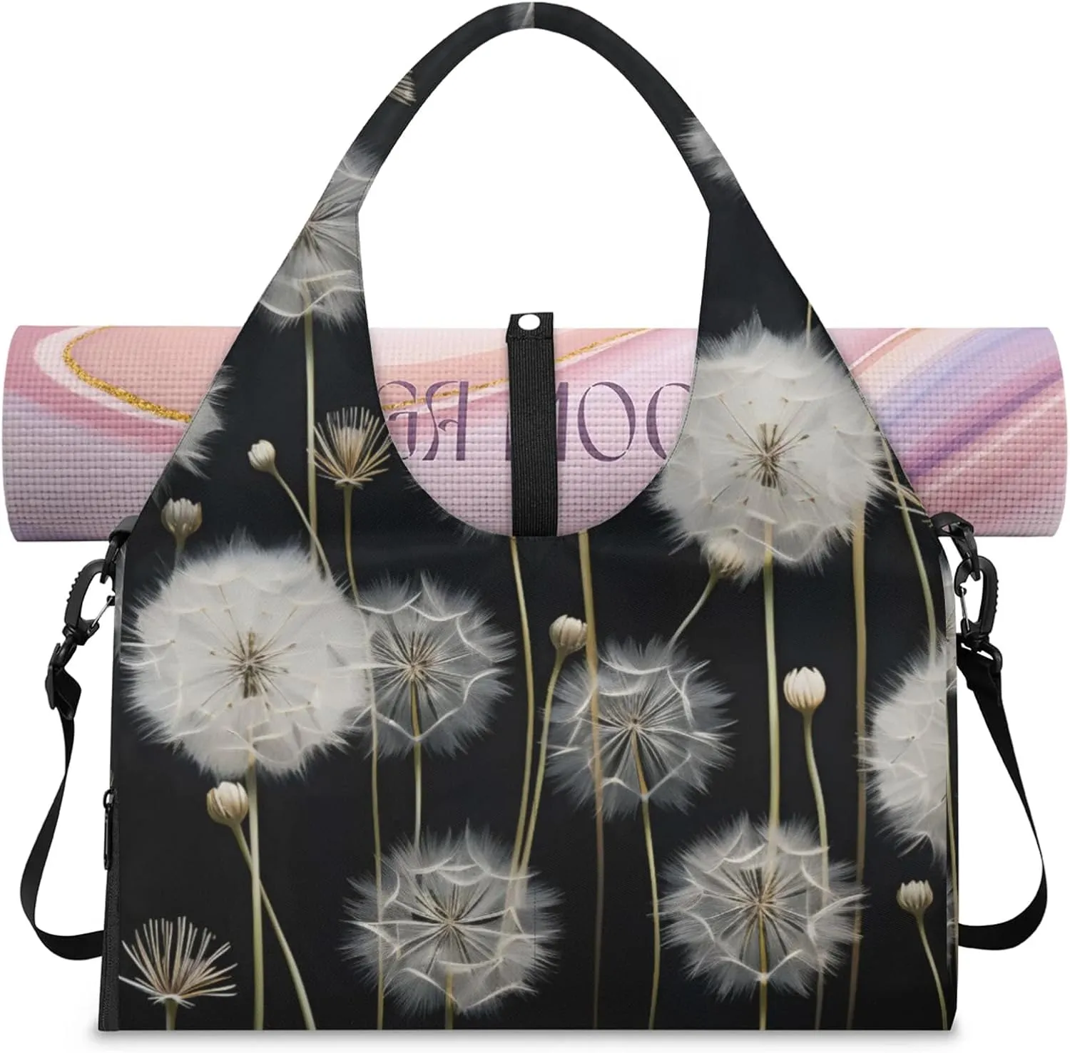 Gym Bag for Women Dandelion Floral Flower Duffel Bag with Shoe Compartment and Yoga Mat Holder Portable Weekender Bags Travel Tote Bags