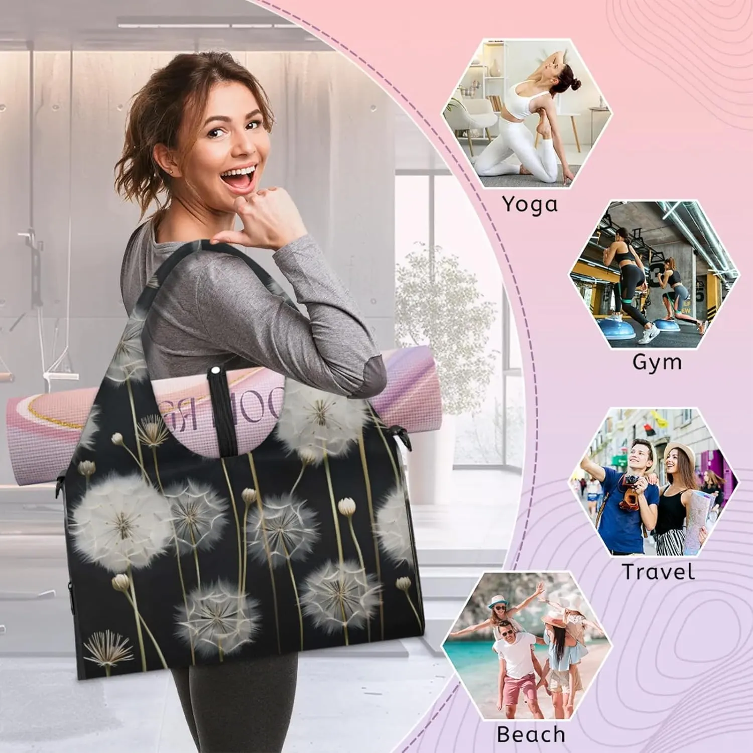 Gym Bag for Women Dandelion Floral Flower Duffel Bag with Shoe Compartment and Yoga Mat Holder Portable Weekender Bags Travel Tote Bags