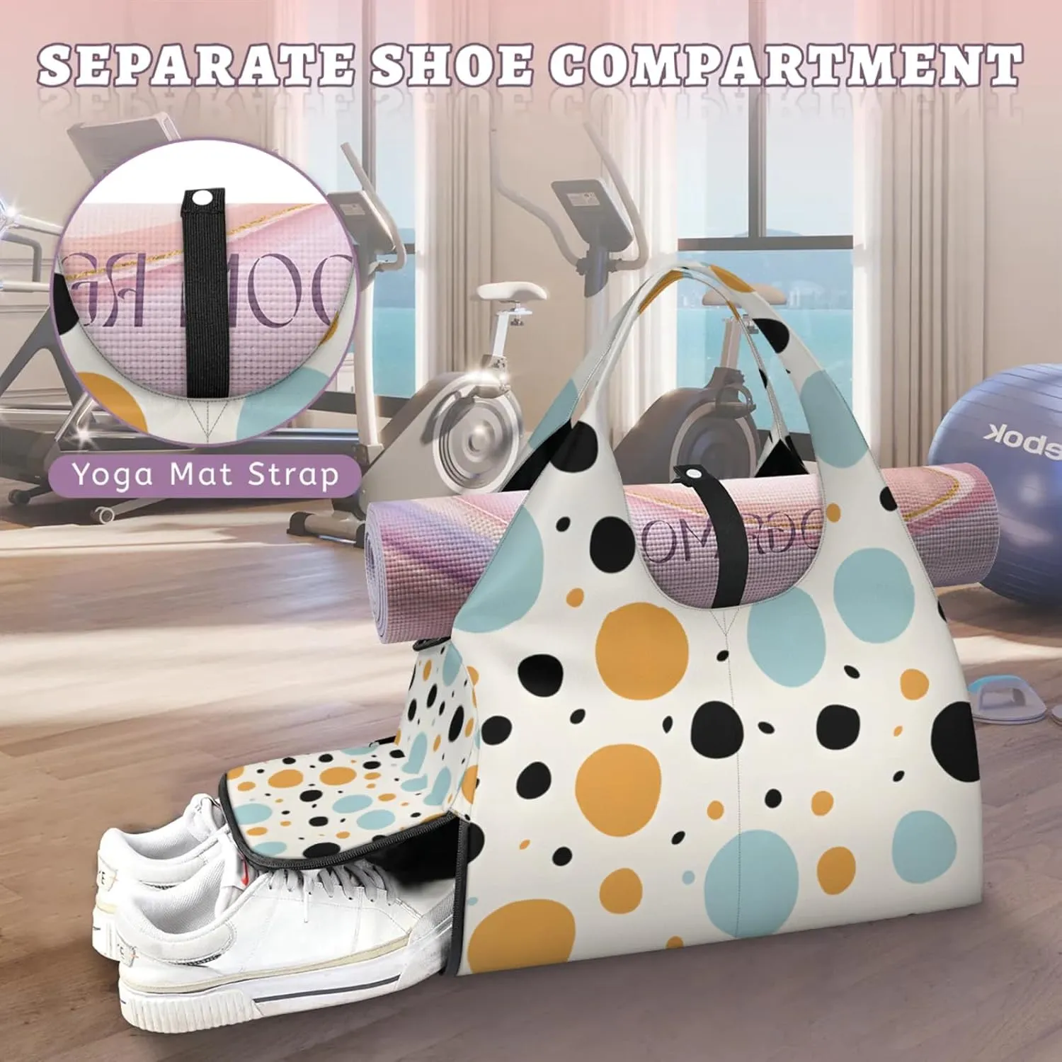 Gym Bag for Women Dots Theme Duffel Bag with Shoe Compartment and Yoga Mat Holder Portable Weekender Bags Travel Tote Bags