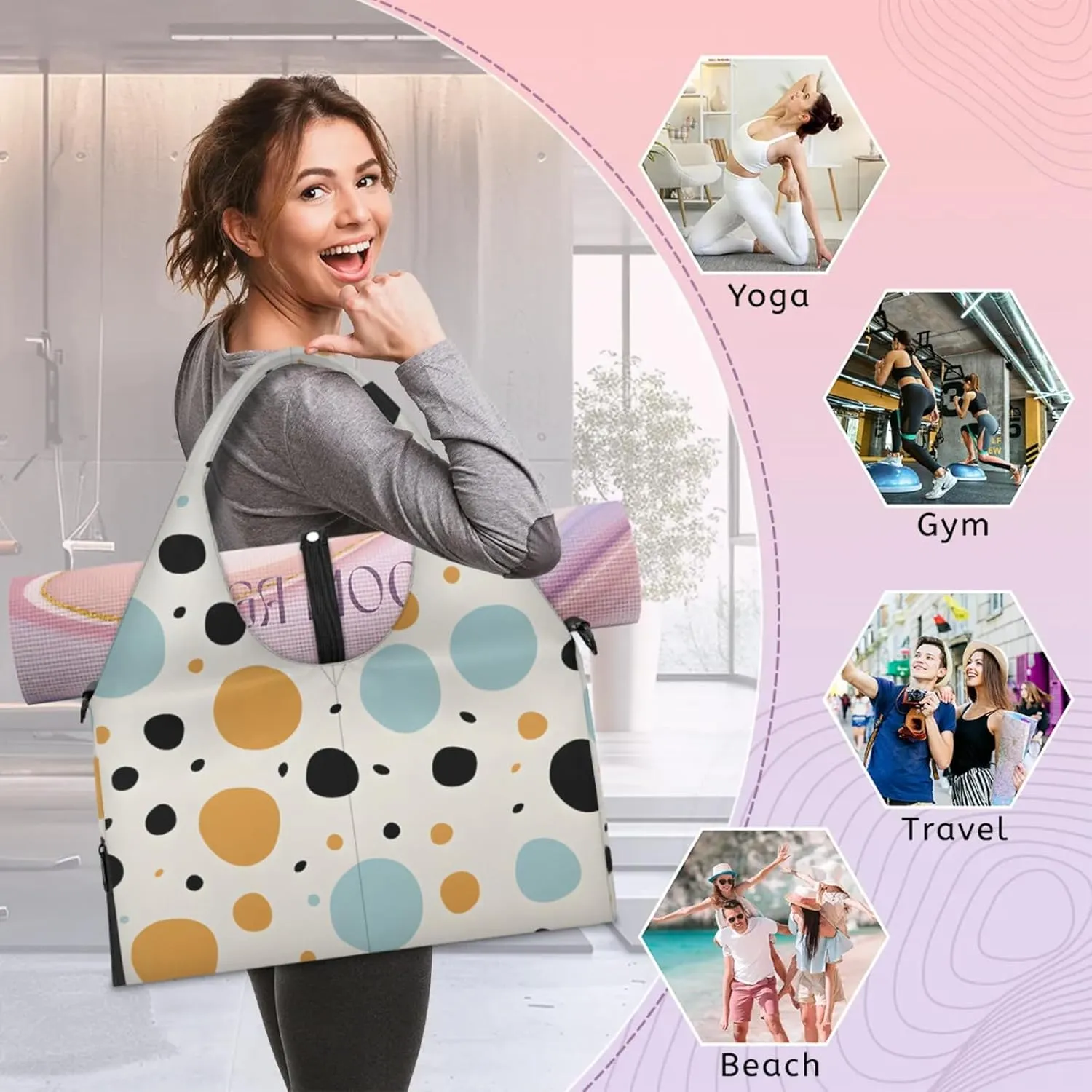 Gym Bag for Women Dots Theme Duffel Bag with Shoe Compartment and Yoga Mat Holder Portable Weekender Bags Travel Tote Bags