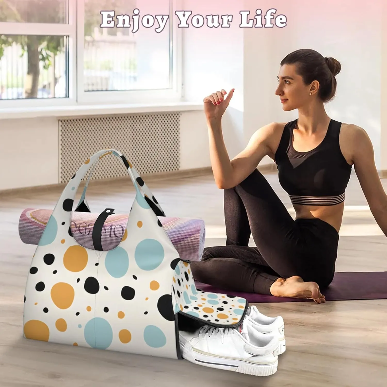 Gym Bag for Women Dots Theme Duffel Bag with Shoe Compartment and Yoga Mat Holder Portable Weekender Bags Travel Tote Bags