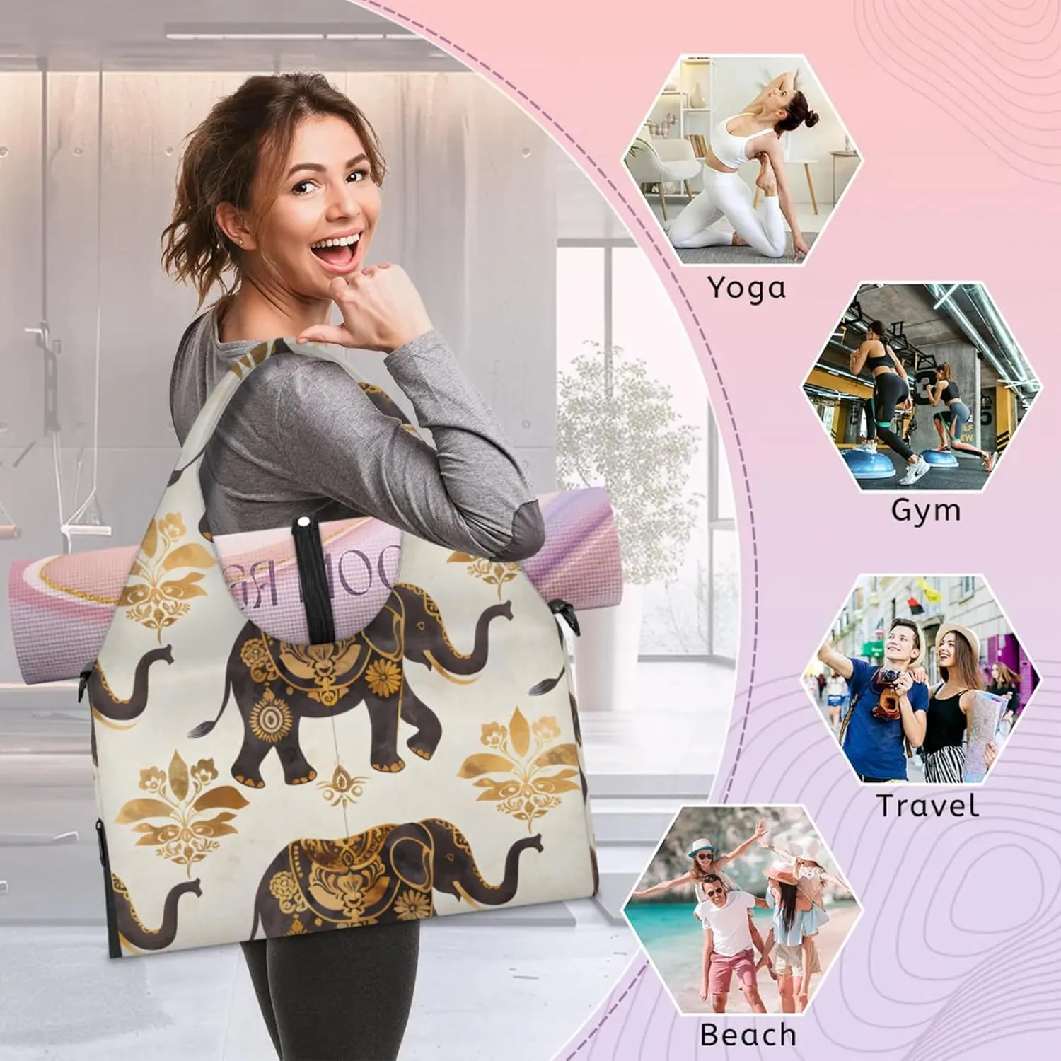 Gym Bag for Women Elegant Elephants Duffel Bag with Shoe Compartment and Yoga Mat Holder Portable Weekender Bags Travel Tote Bags