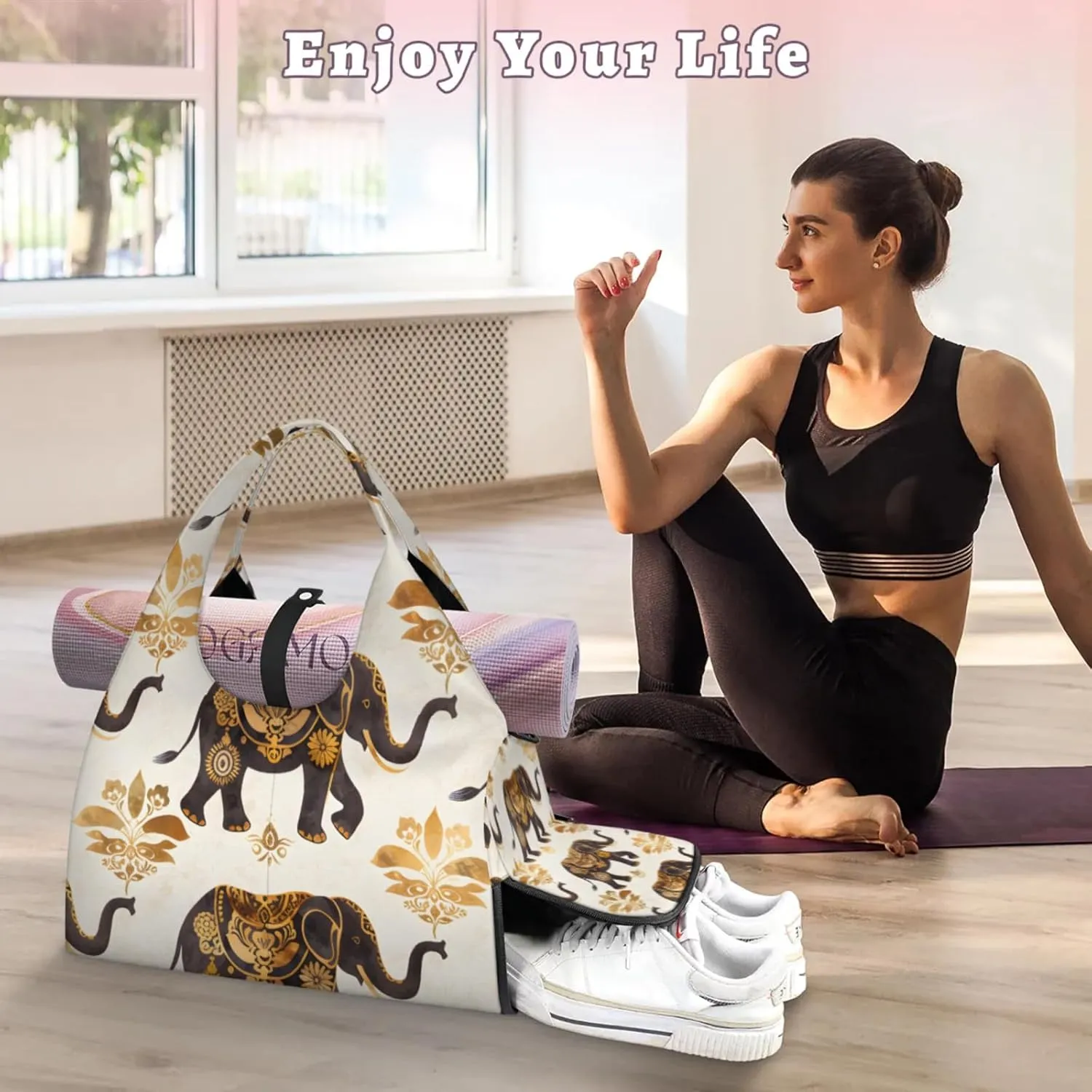 Gym Bag for Women Elegant Elephants Duffel Bag with Shoe Compartment and Yoga Mat Holder Portable Weekender Bags Travel Tote Bags