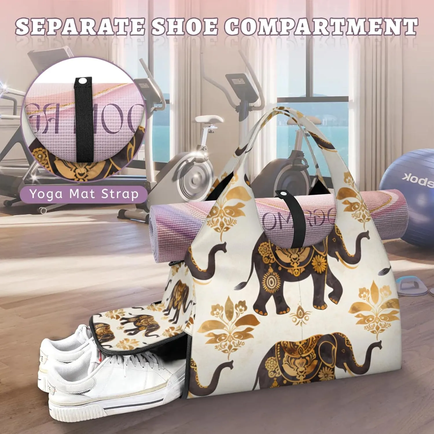 Gym Bag for Women Elegant Elephants Duffel Bag with Shoe Compartment and Yoga Mat Holder Portable Weekender Bags Travel Tote Bags