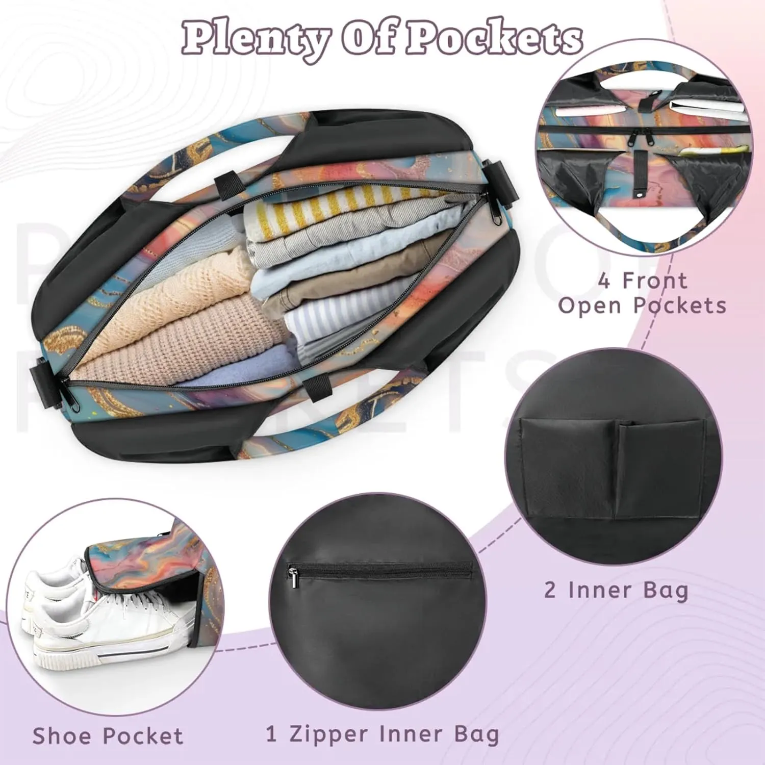 Gym Bag for Women Fairy Marble Pattern Duffel Bag with Shoe Compartment and Yoga Mat Holder Portable Weekender Bags Travel Tote Bags