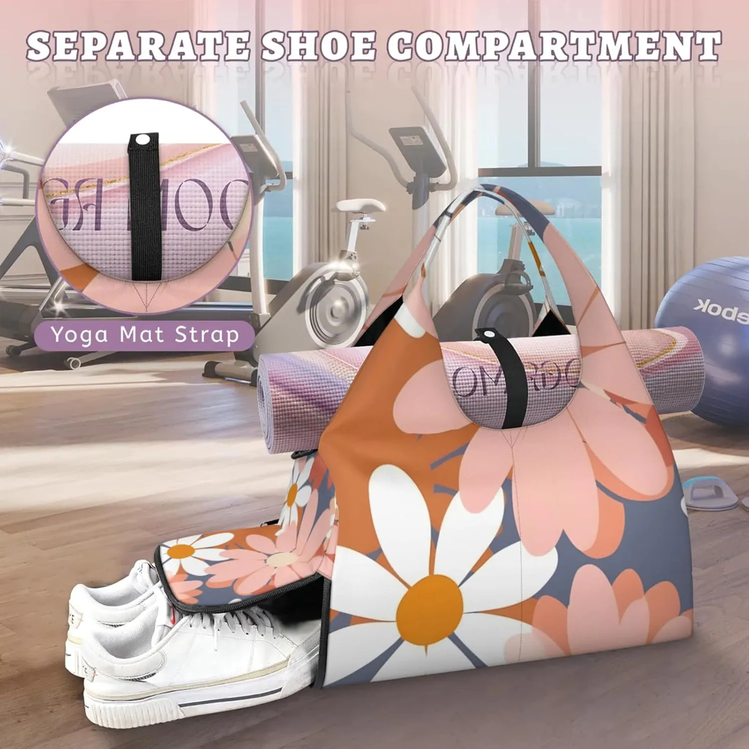 Gym Bag for Women Floral Daisy Pattern Duffel Bag with Shoe Compartment and Yoga Mat Holder Portable Weekender Bags Travel Tote Bags