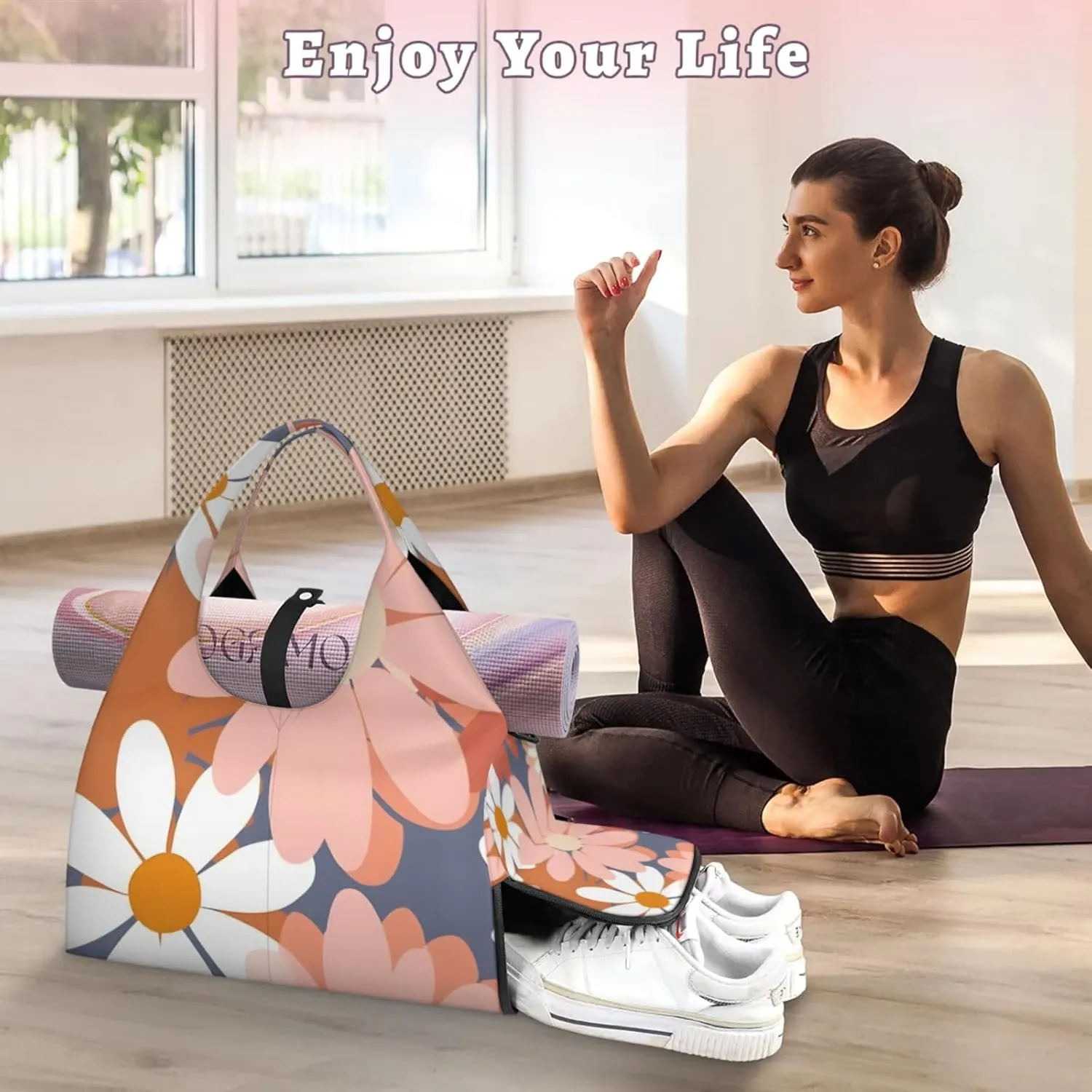 Gym Bag for Women Floral Daisy Pattern Duffel Bag with Shoe Compartment and Yoga Mat Holder Portable Weekender Bags Travel Tote Bags