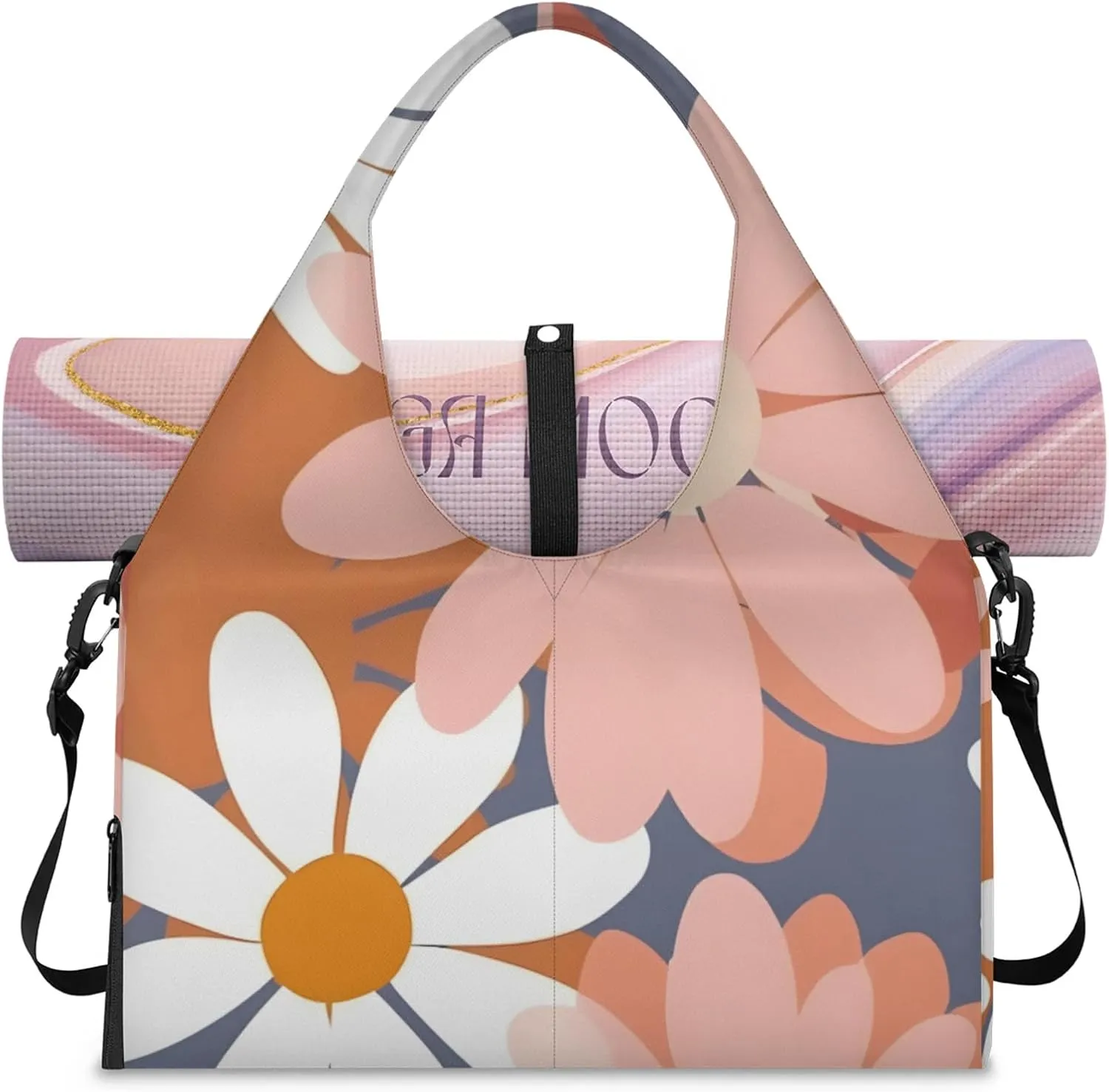 Gym Bag for Women Floral Daisy Pattern Duffel Bag with Shoe Compartment and Yoga Mat Holder Portable Weekender Bags Travel Tote Bags